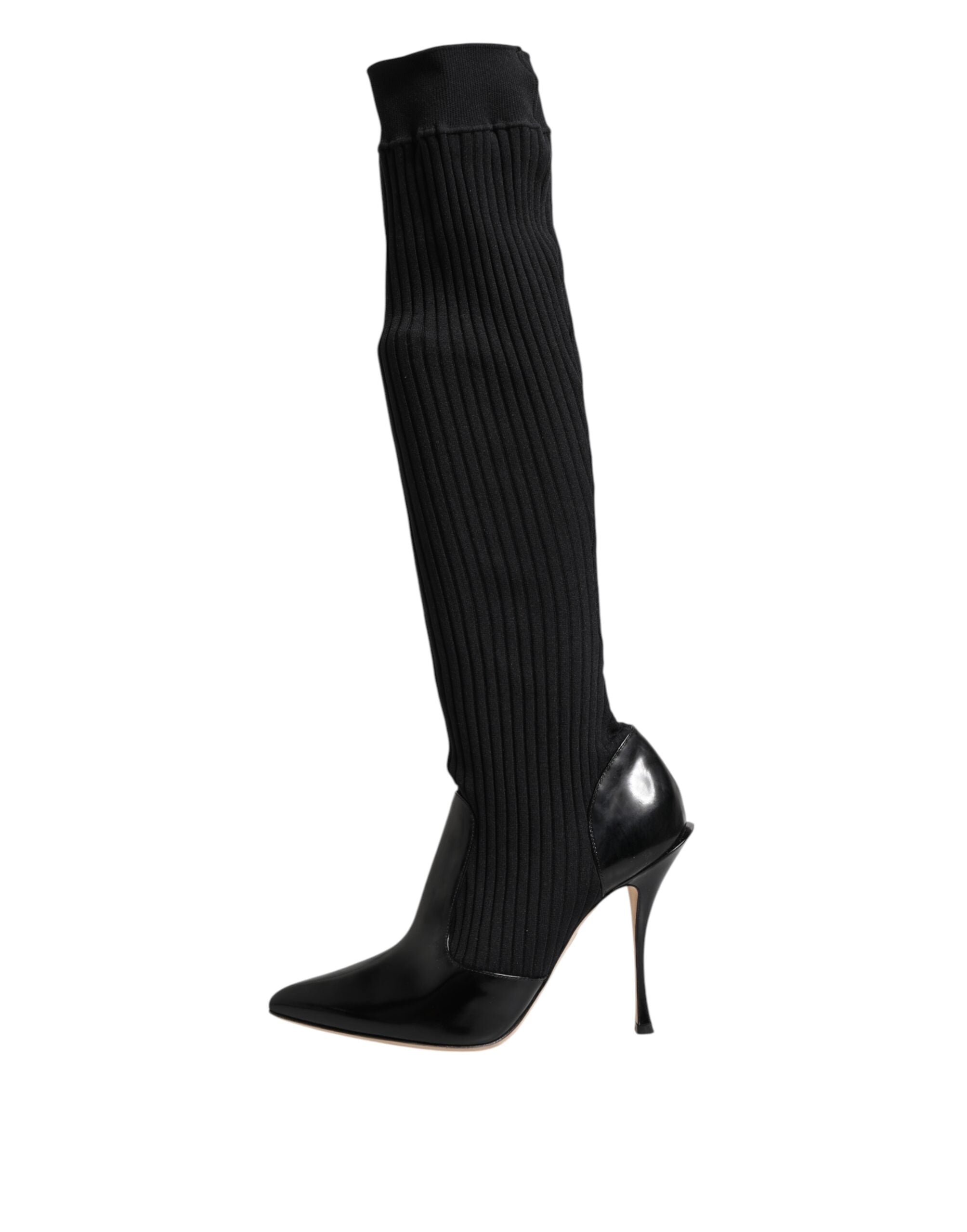 Dolce & Gabbana Black Leather Ribbed Knit Knee-High Boots Shoes-6