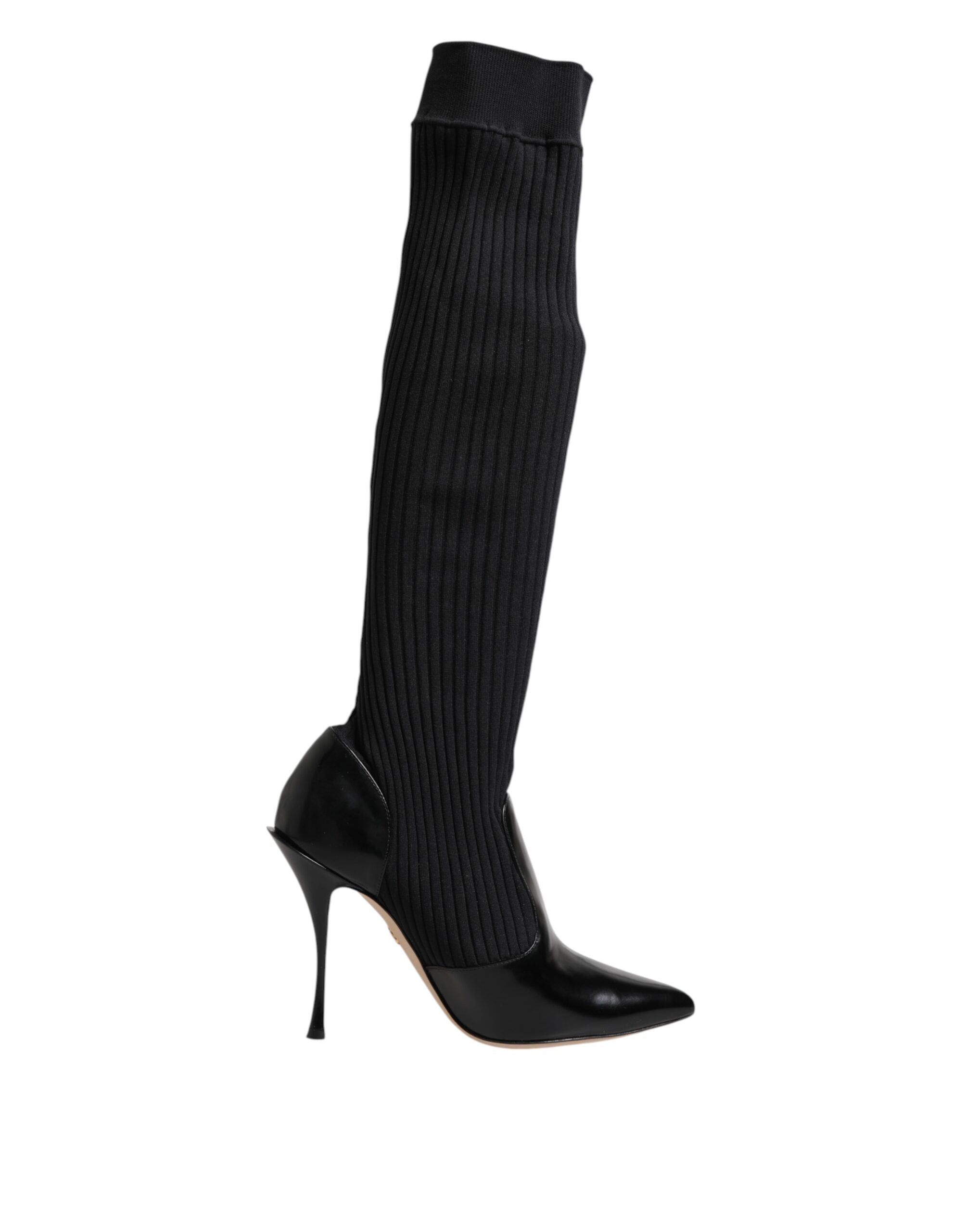 Dolce & Gabbana Black Leather Ribbed Knit Knee-High Boots Shoes-1
