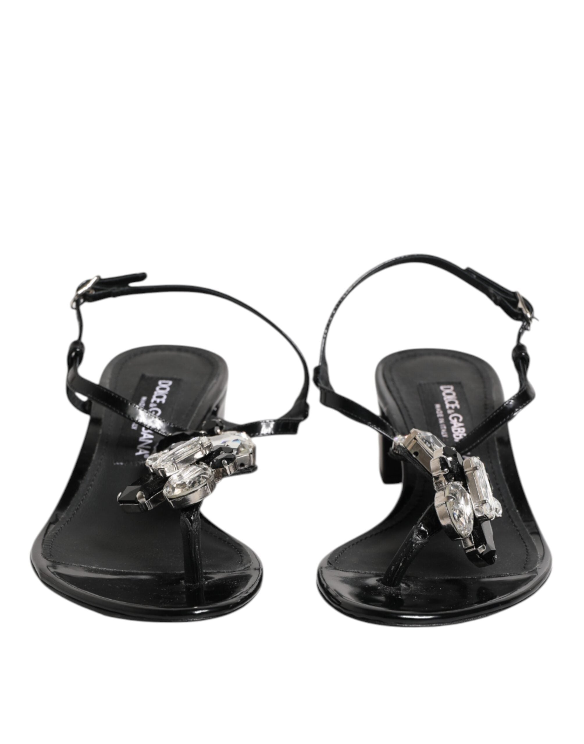 Dolce & Gabbana Black Leather Crystal Ankle Strap Sandals Shoes-2