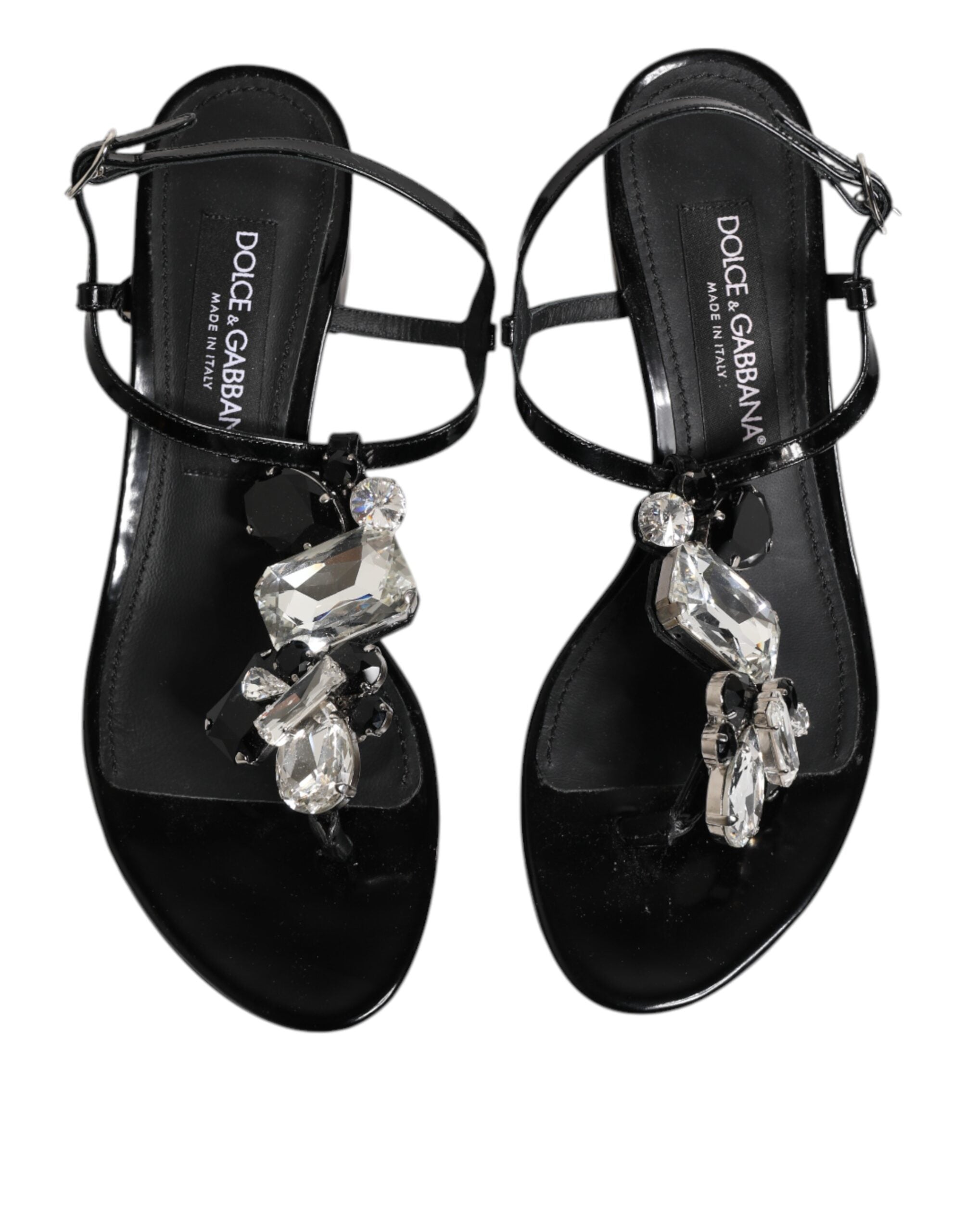 Dolce & Gabbana Black Leather Crystal Ankle Strap Sandals Shoes-3