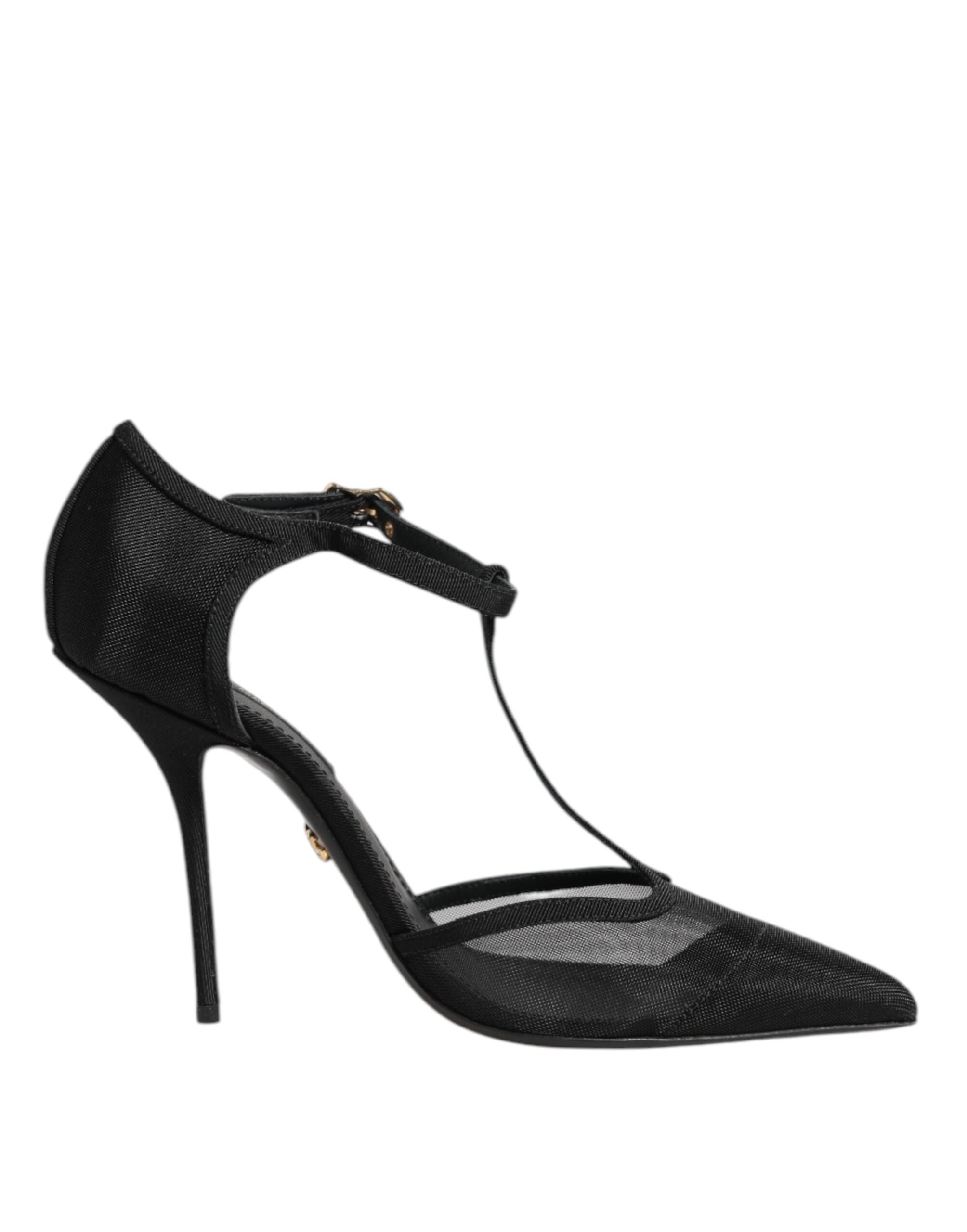 Zapatos de tacón alto de aguja con tiras en T de malla negra de Dolce & Gabbana-1