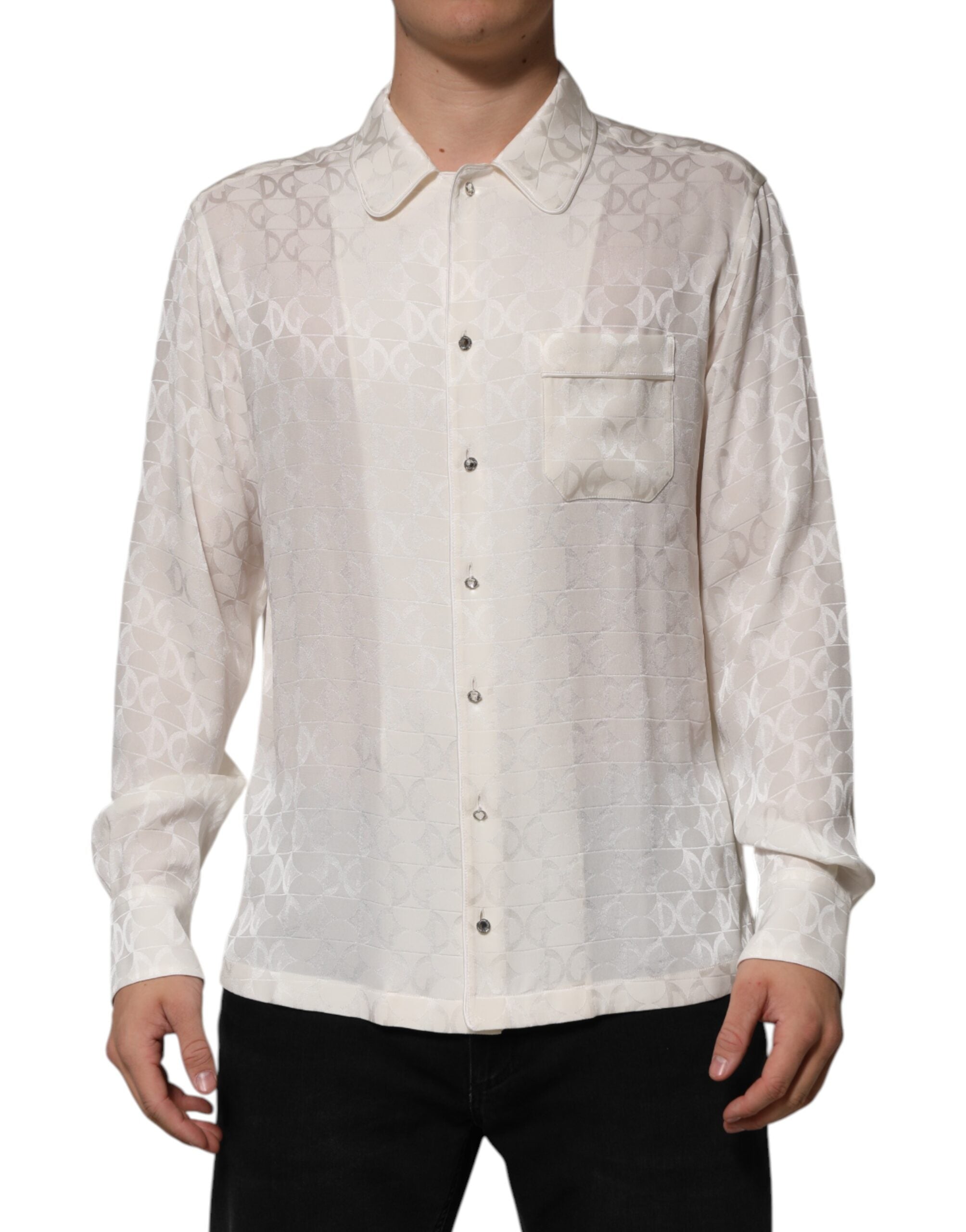Dolce & Gabbana white silk shirt with DG logo print and long sleeves-2