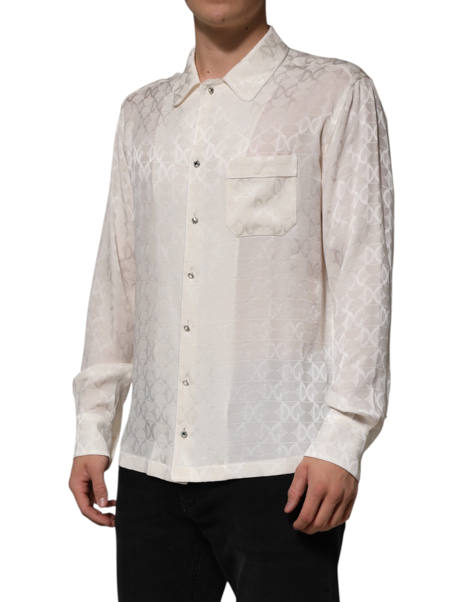 Dolce & Gabbana white silk shirt with DG logo print and long sleeves-3
