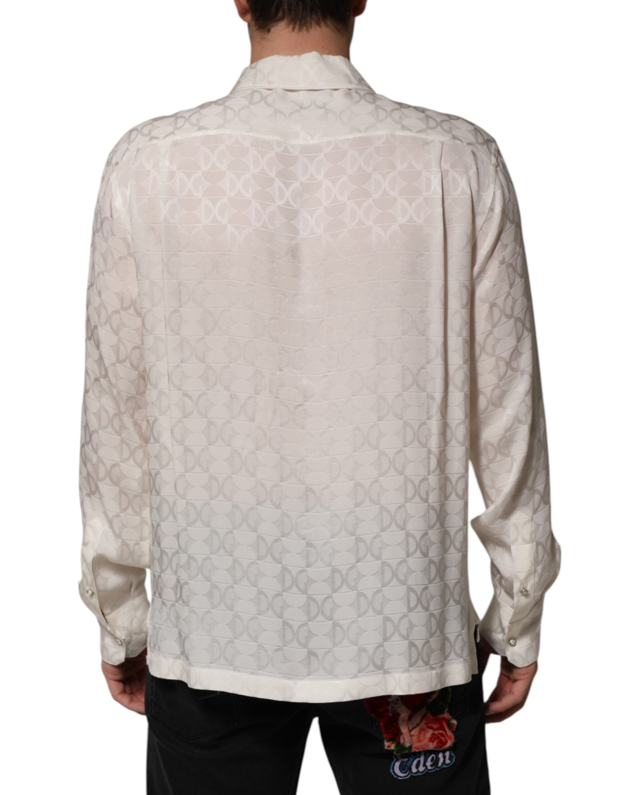 Dolce & Gabbana white silk shirt with DG logo print and long sleeves-4