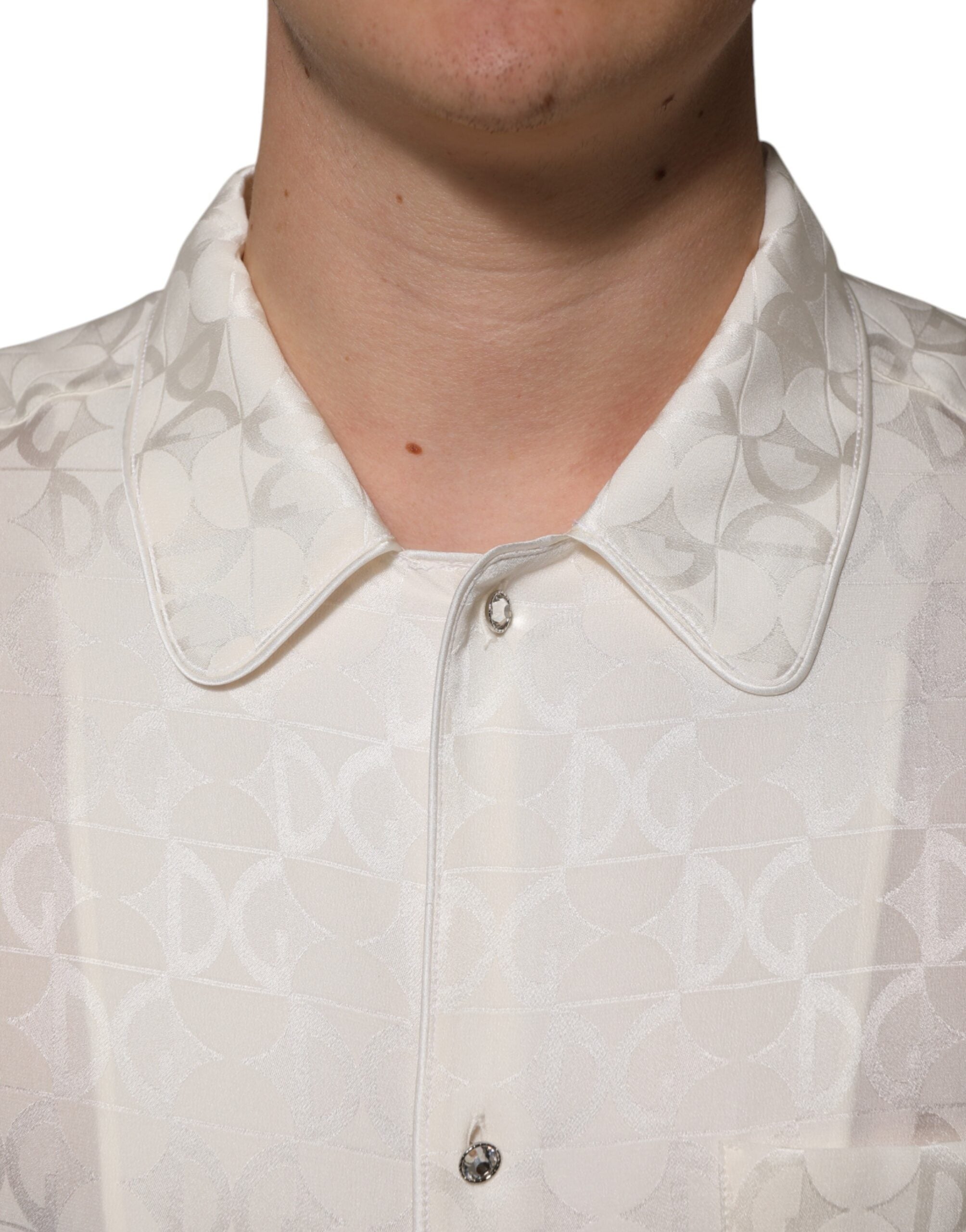 Dolce & Gabbana white silk shirt with DG logo print and long sleeves-5
