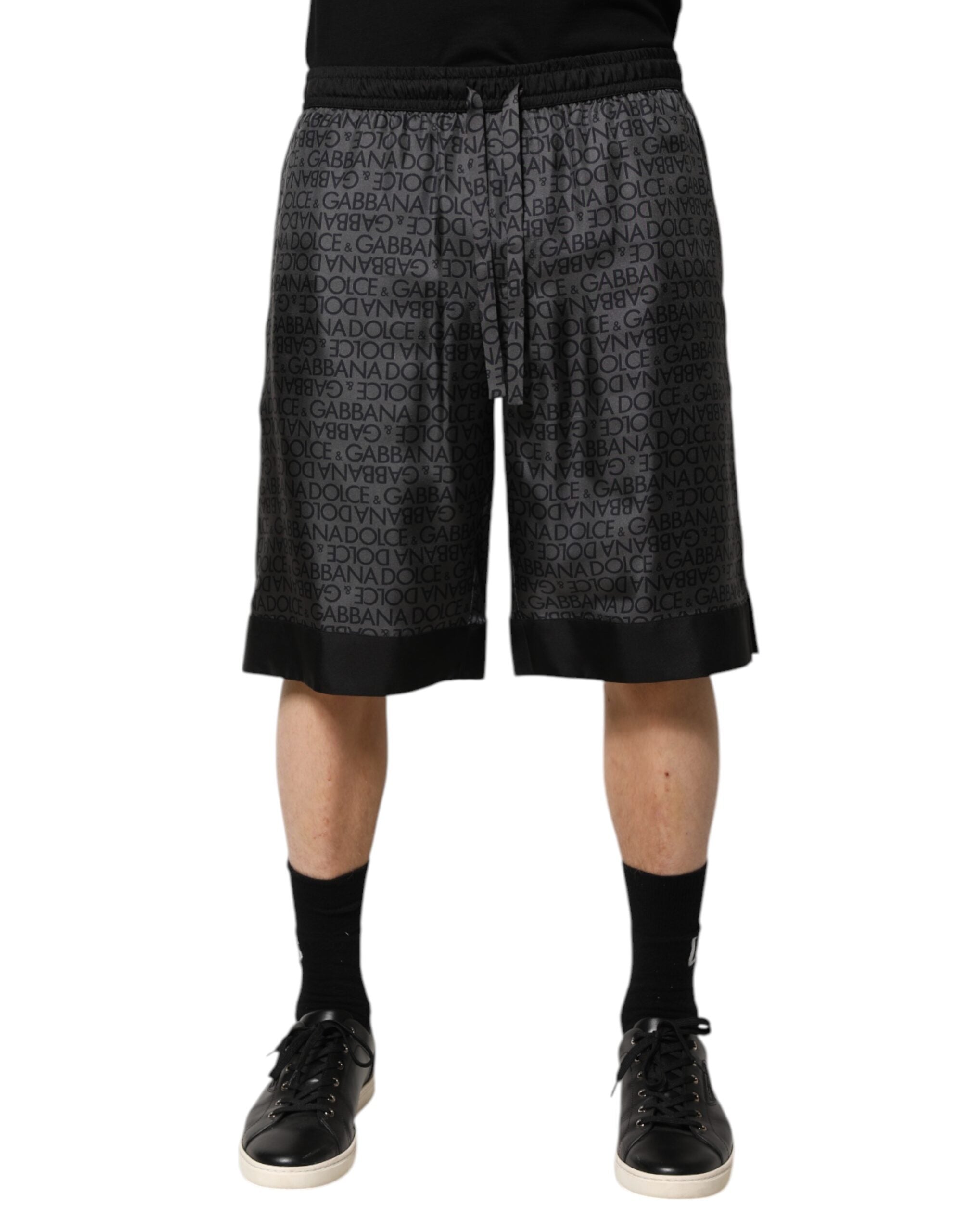 Dolce & Gabbana Grey Black Silk DG Logo Men's Bermuda Shorts-1