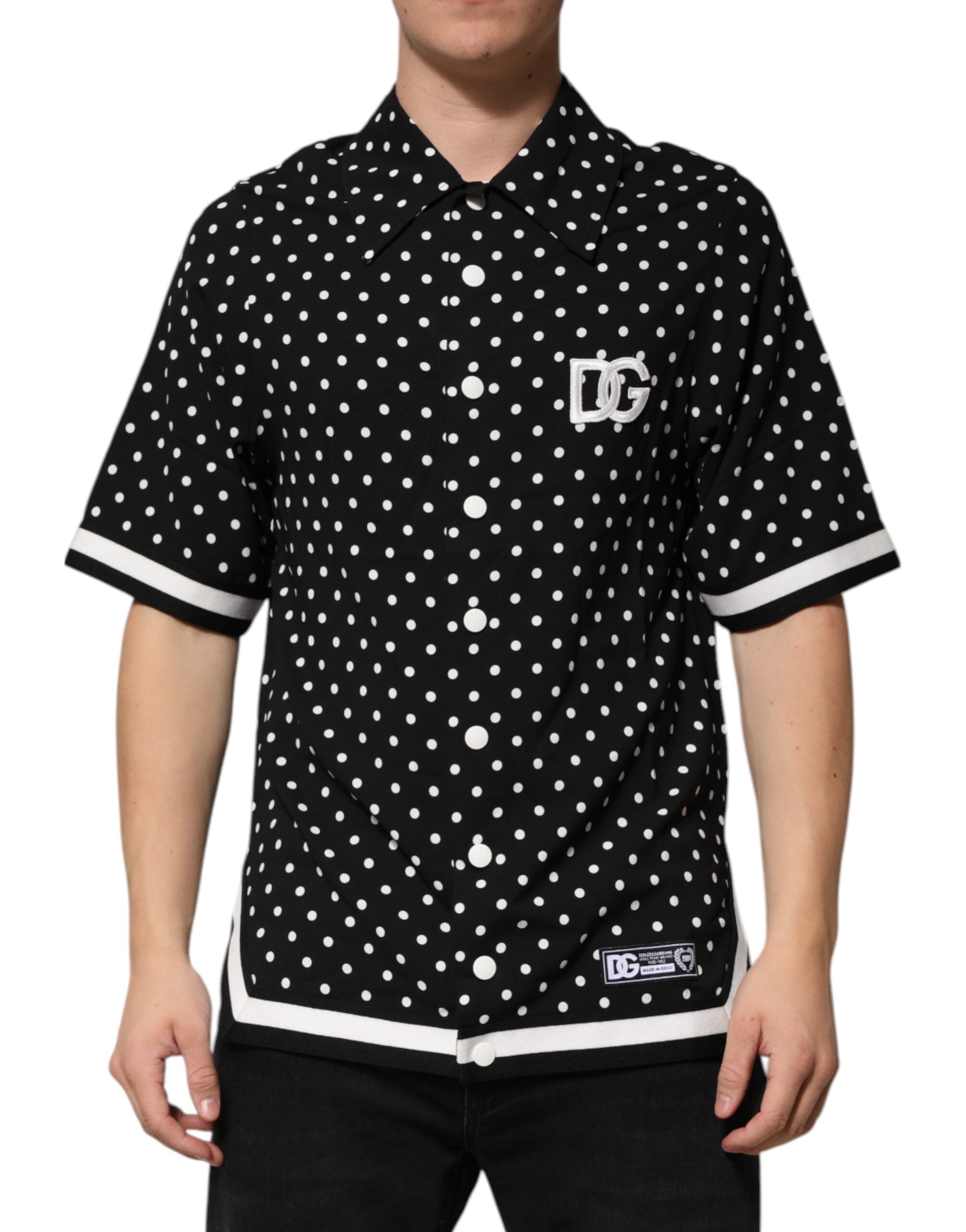 Dolce & Gabbana Schwarzes gepunktetes Polo-T-Shirt mit kurzen Ärmeln und Kragen-2
