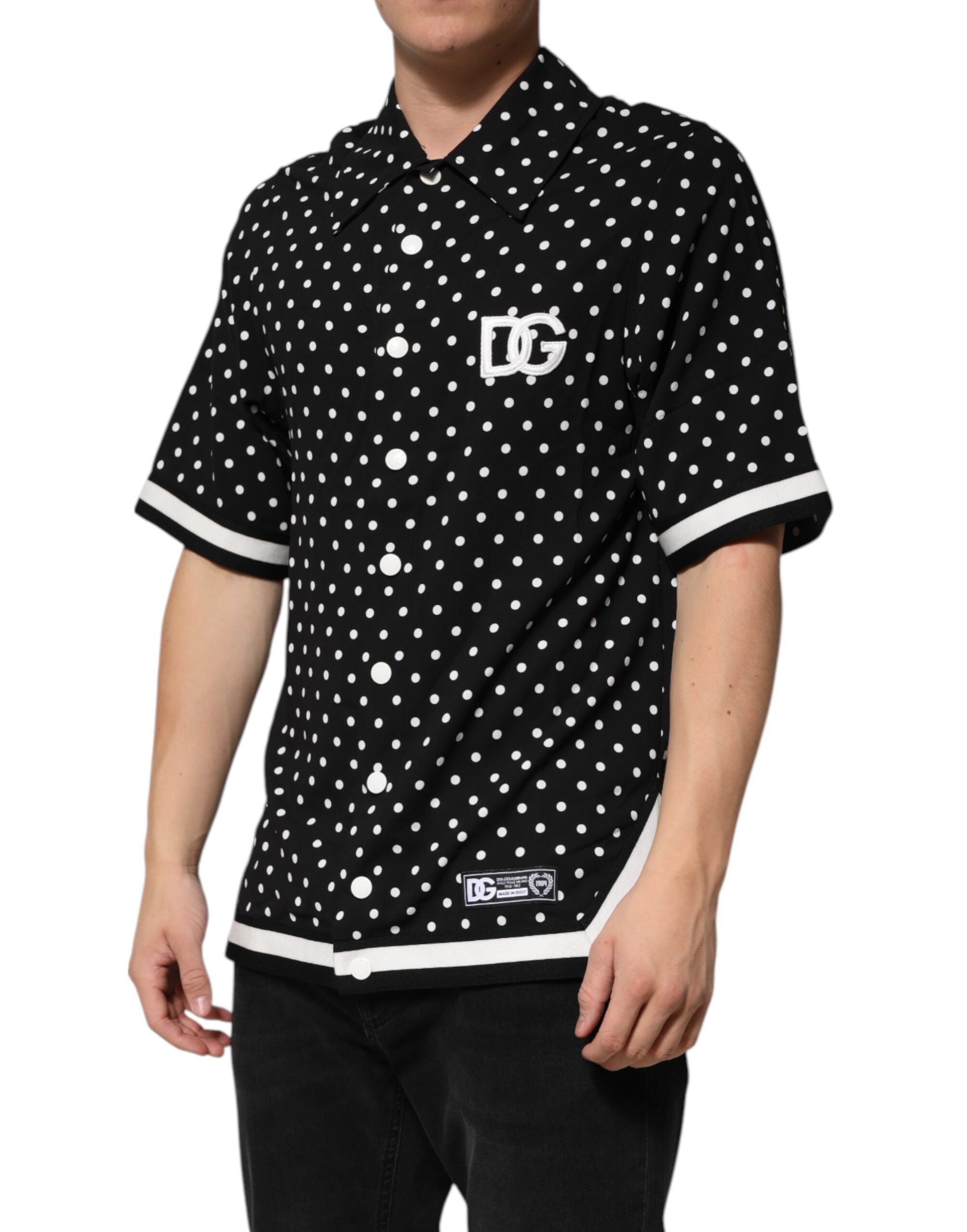 Dolce & Gabbana Schwarzes gepunktetes Polo-T-Shirt mit kurzen Ärmeln und Kragen-3