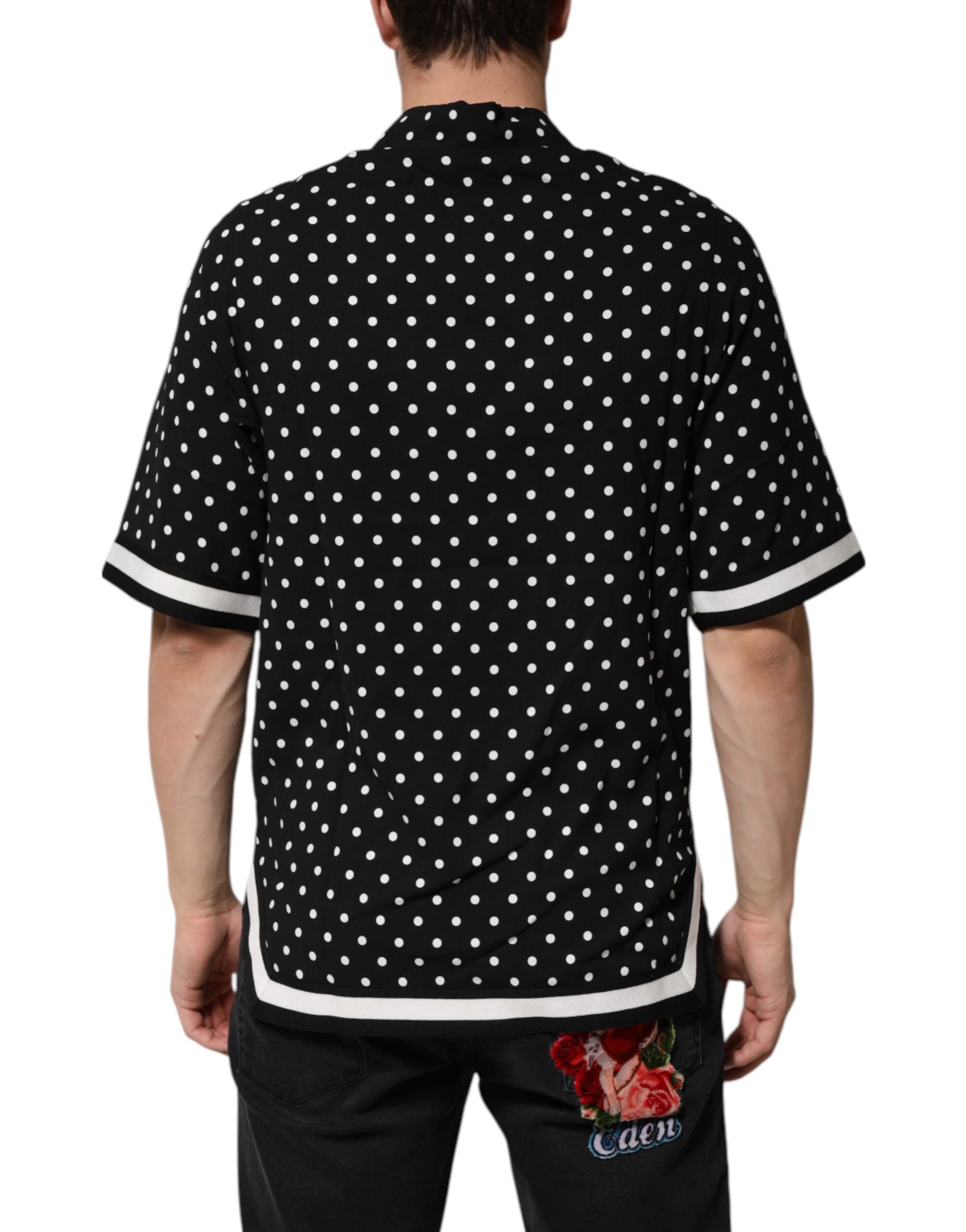 Dolce & Gabbana Schwarzes gepunktetes Polo-T-Shirt mit kurzen Ärmeln und Kragen-4