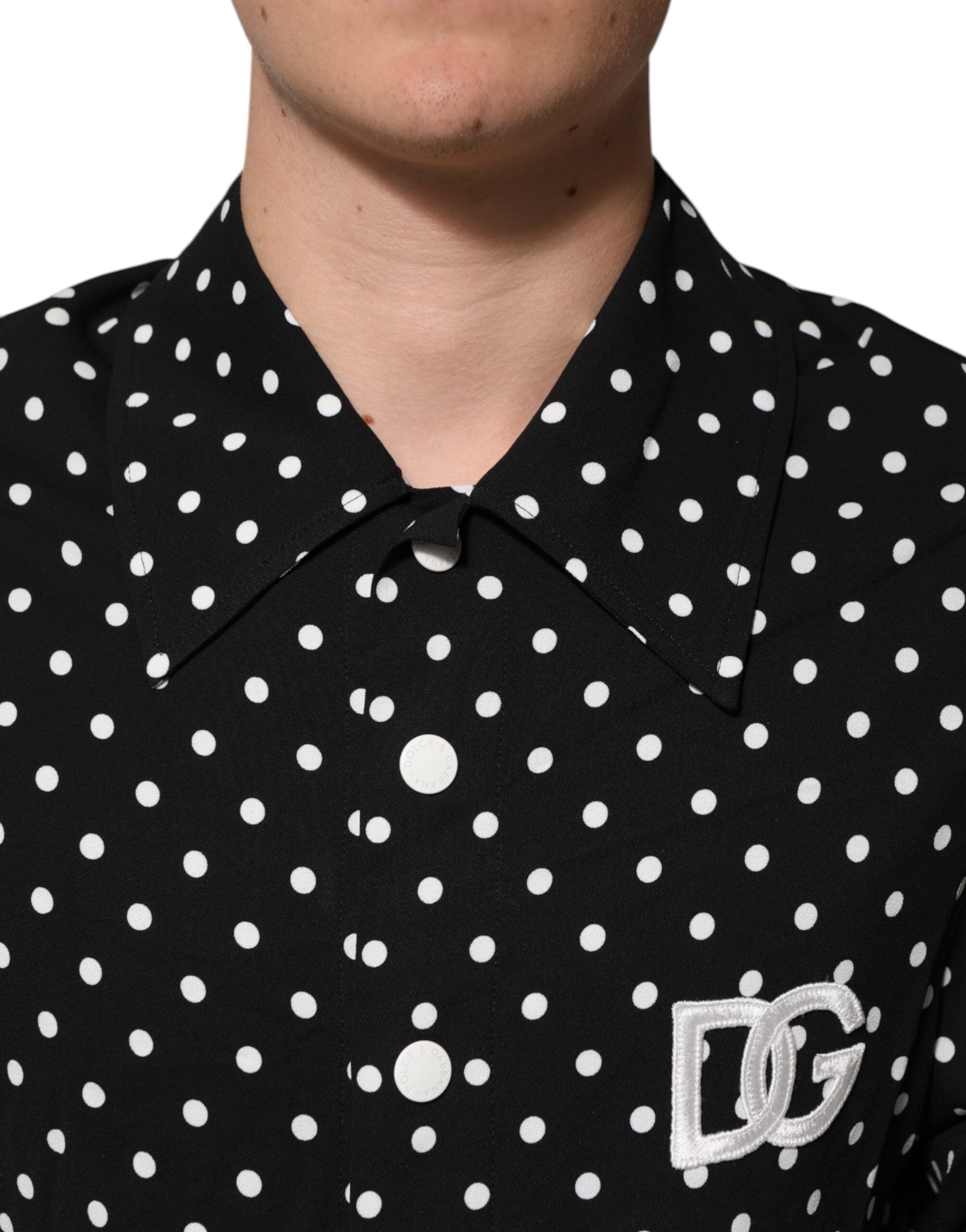 Dolce & Gabbana Schwarzes gepunktetes Polo-T-Shirt mit kurzen Ärmeln und Kragen-5