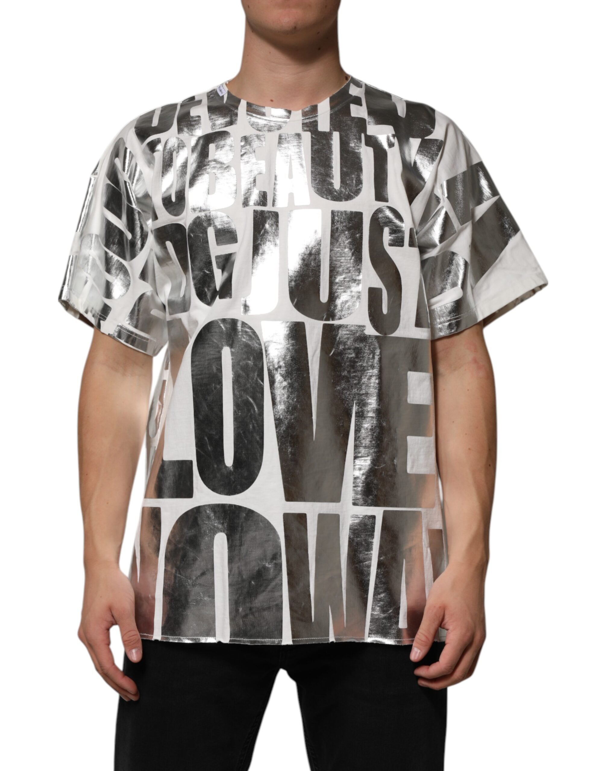 Dolce & Gabbana white cotton T-shirt with silver metallic slogan print-2