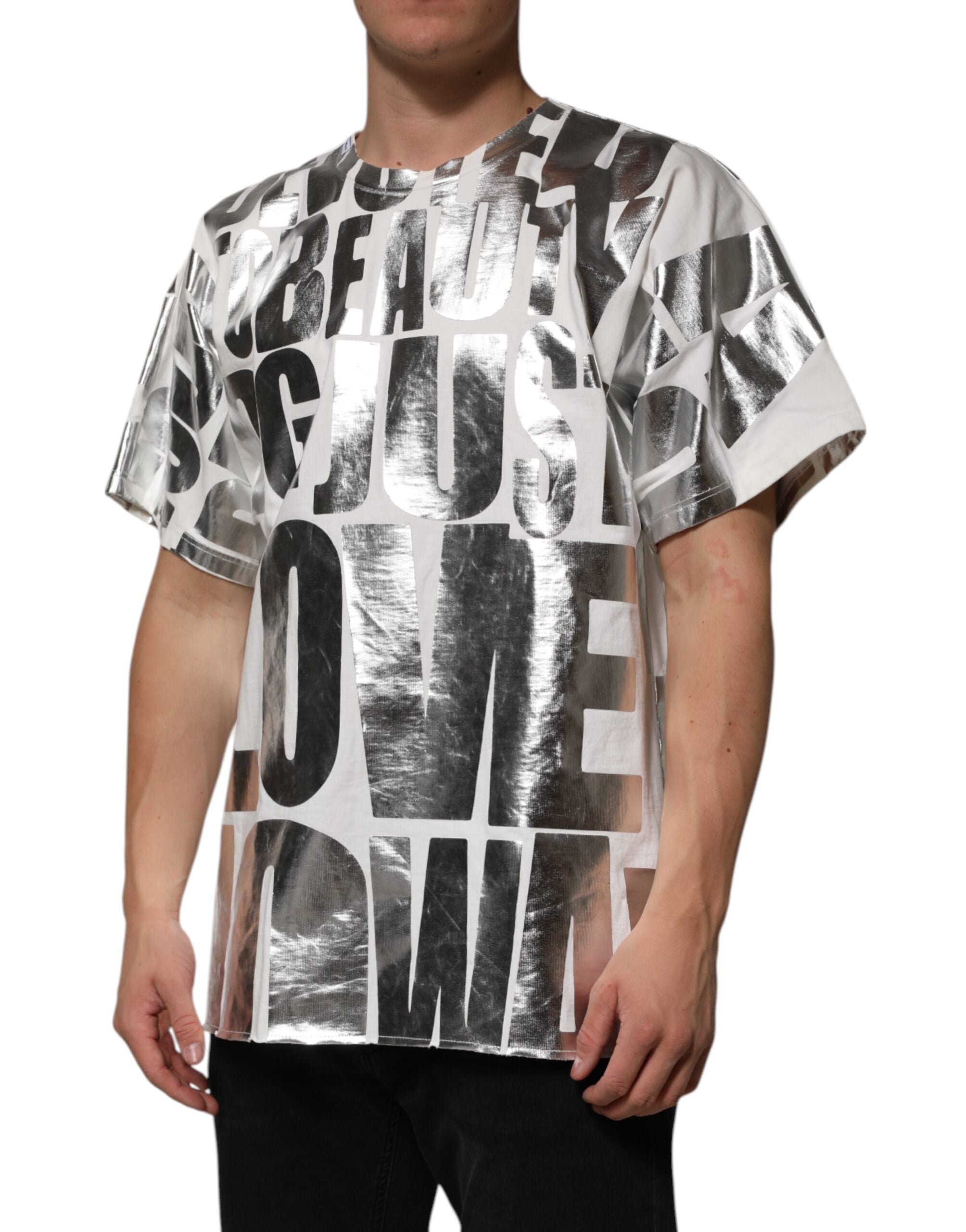 Dolce & Gabbana white cotton T-shirt with silver metallic slogan print-3