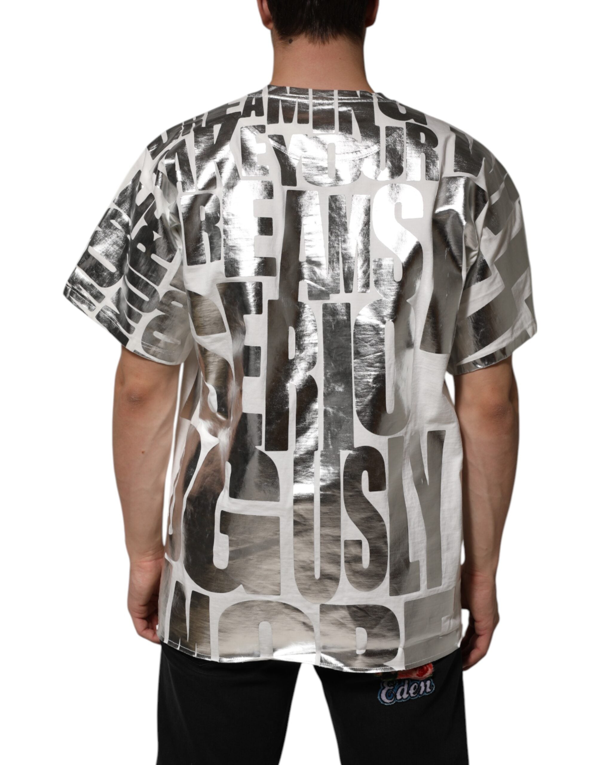 Dolce & Gabbana white cotton T-shirt with silver metallic slogan print-4