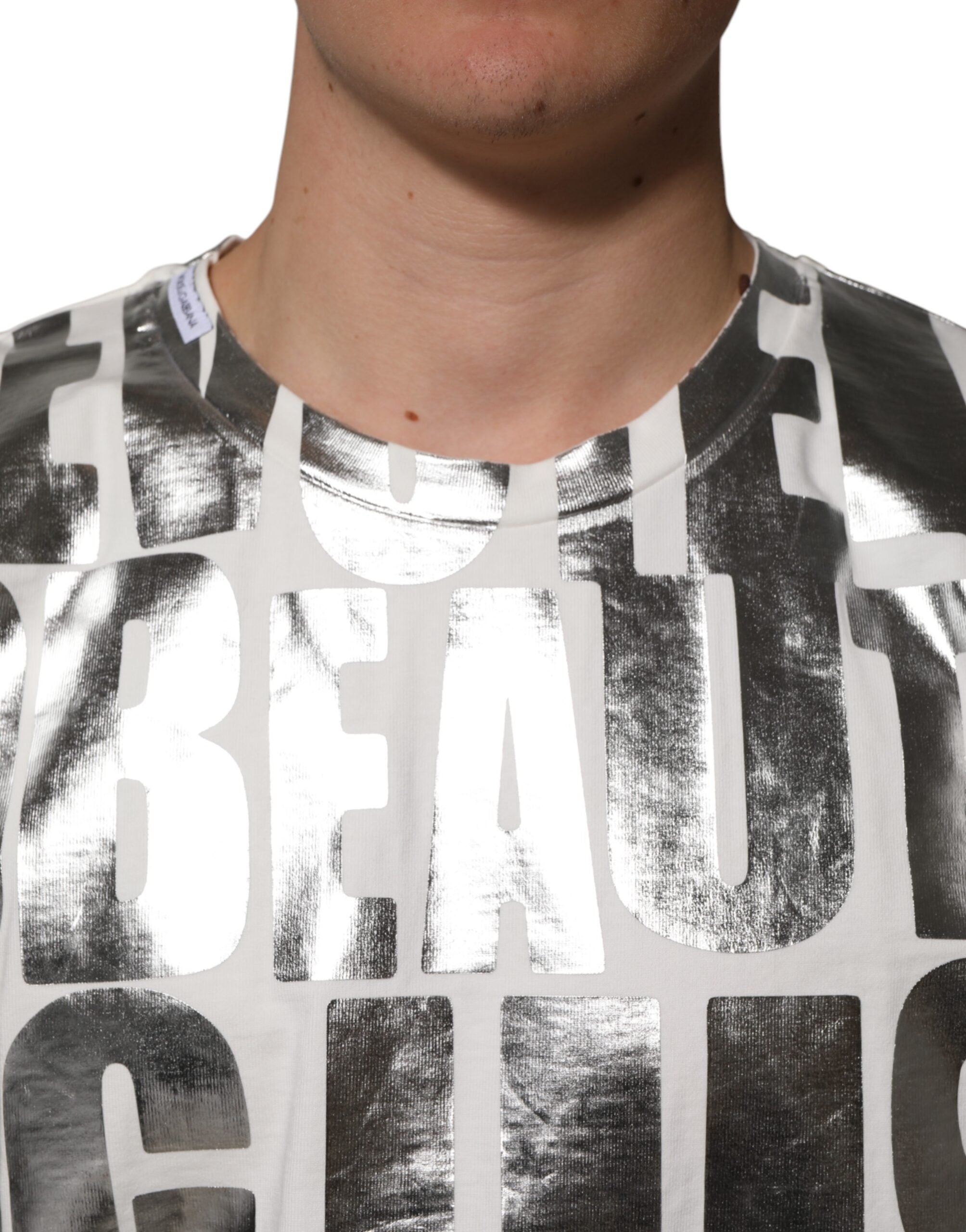 Dolce & Gabbana white cotton T-shirt with silver metallic slogan print-5