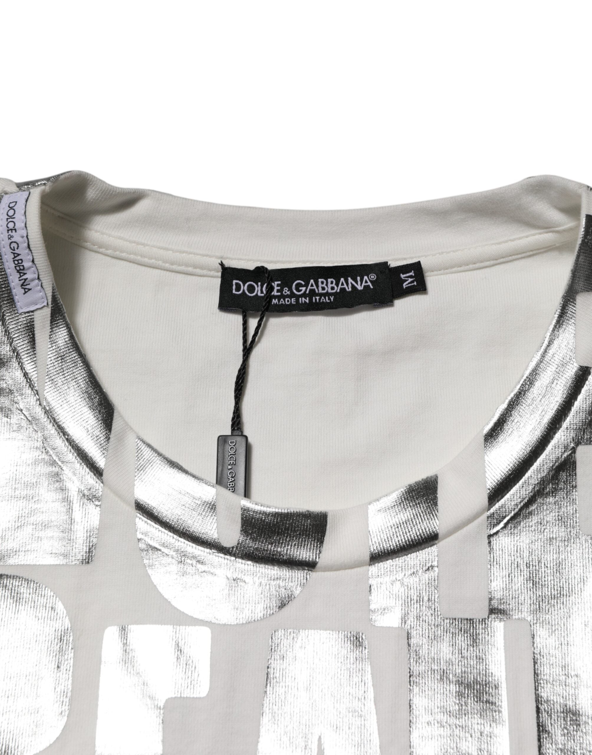 Dolce & Gabbana white cotton T-shirt with silver metallic slogan print-6