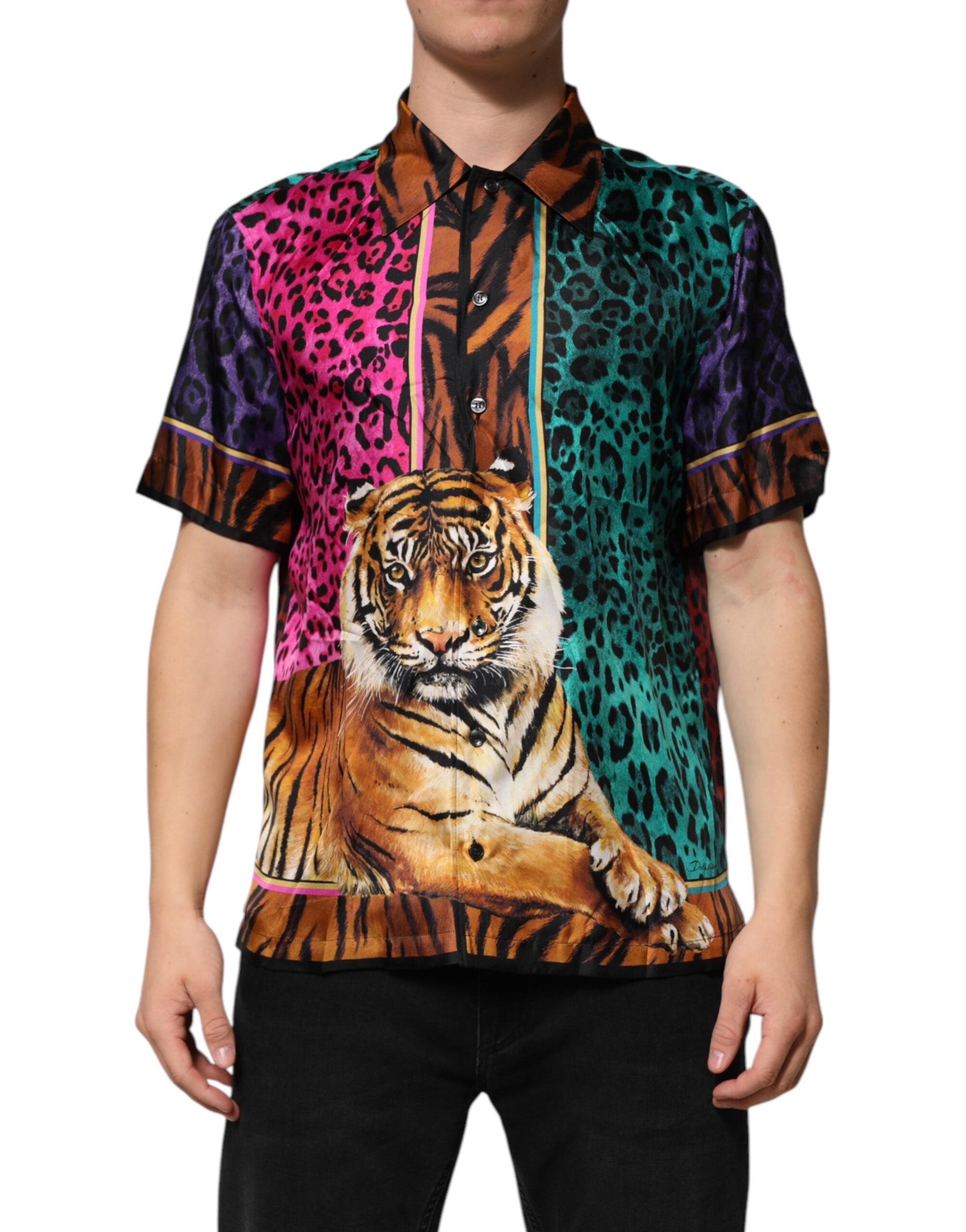 Dolce & Gabbana multicoloured tiger silk T-shirt with Hawaiian print