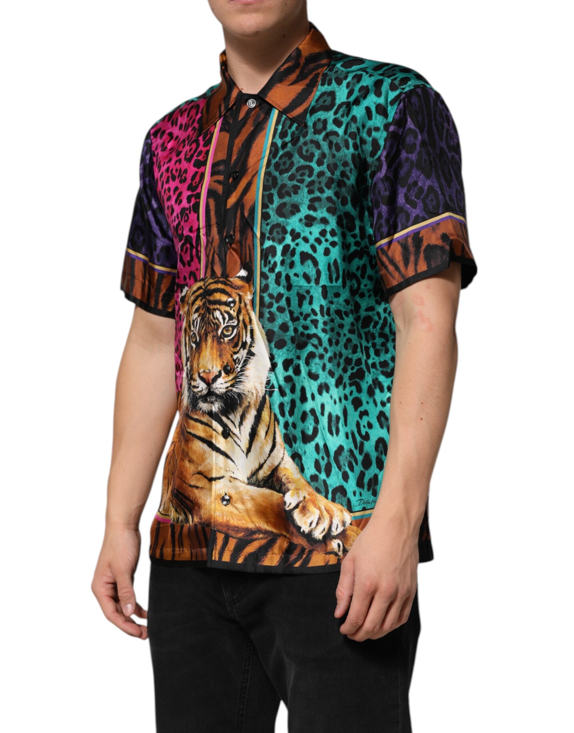 Dolce & Gabbana Mehrfarbiges Tiger-T-Shirt aus Seide mit Hawaii-Print-3