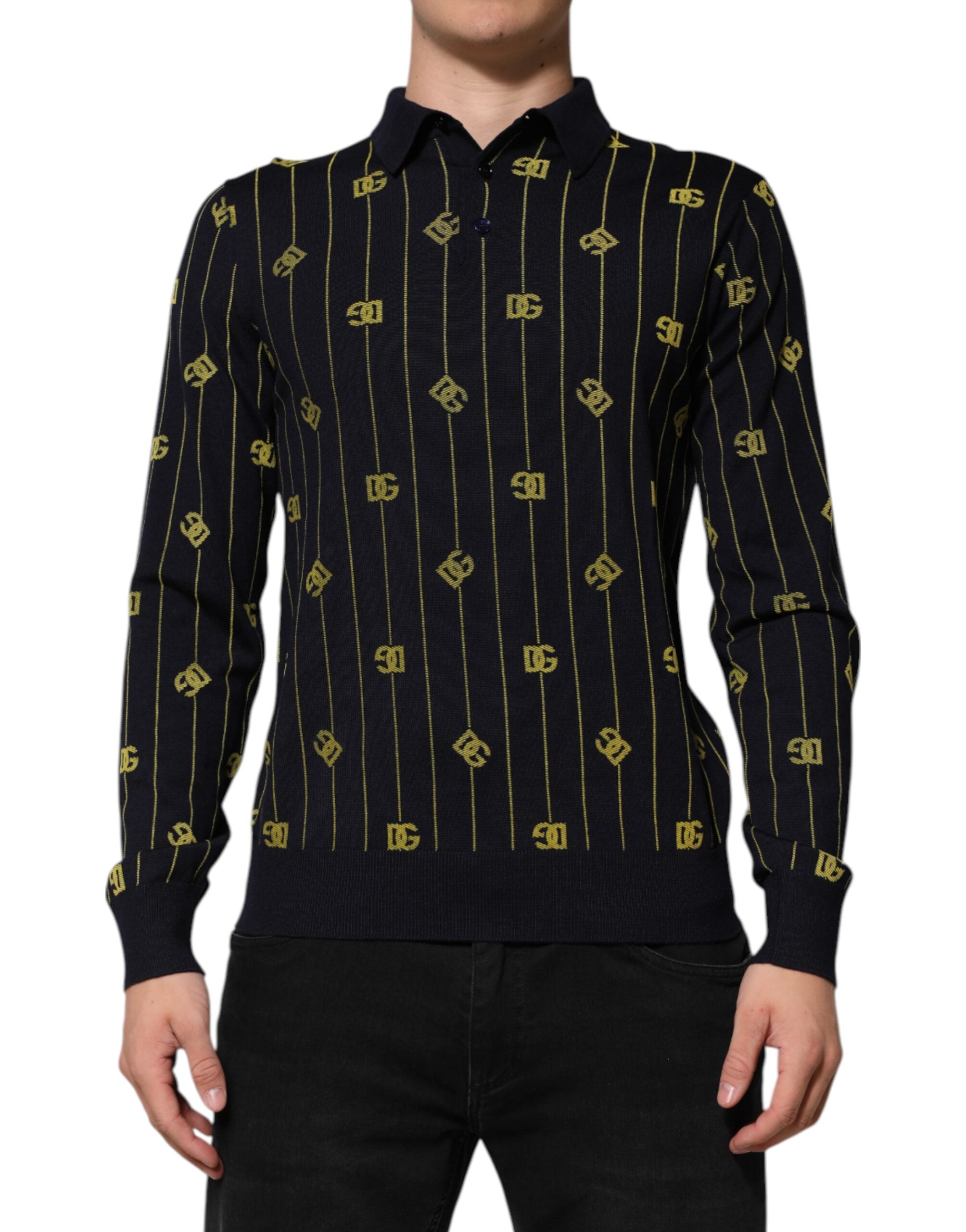 Dolce & Gabbana Black Logo Jacquard Knit Polo Shirt T-Shirt