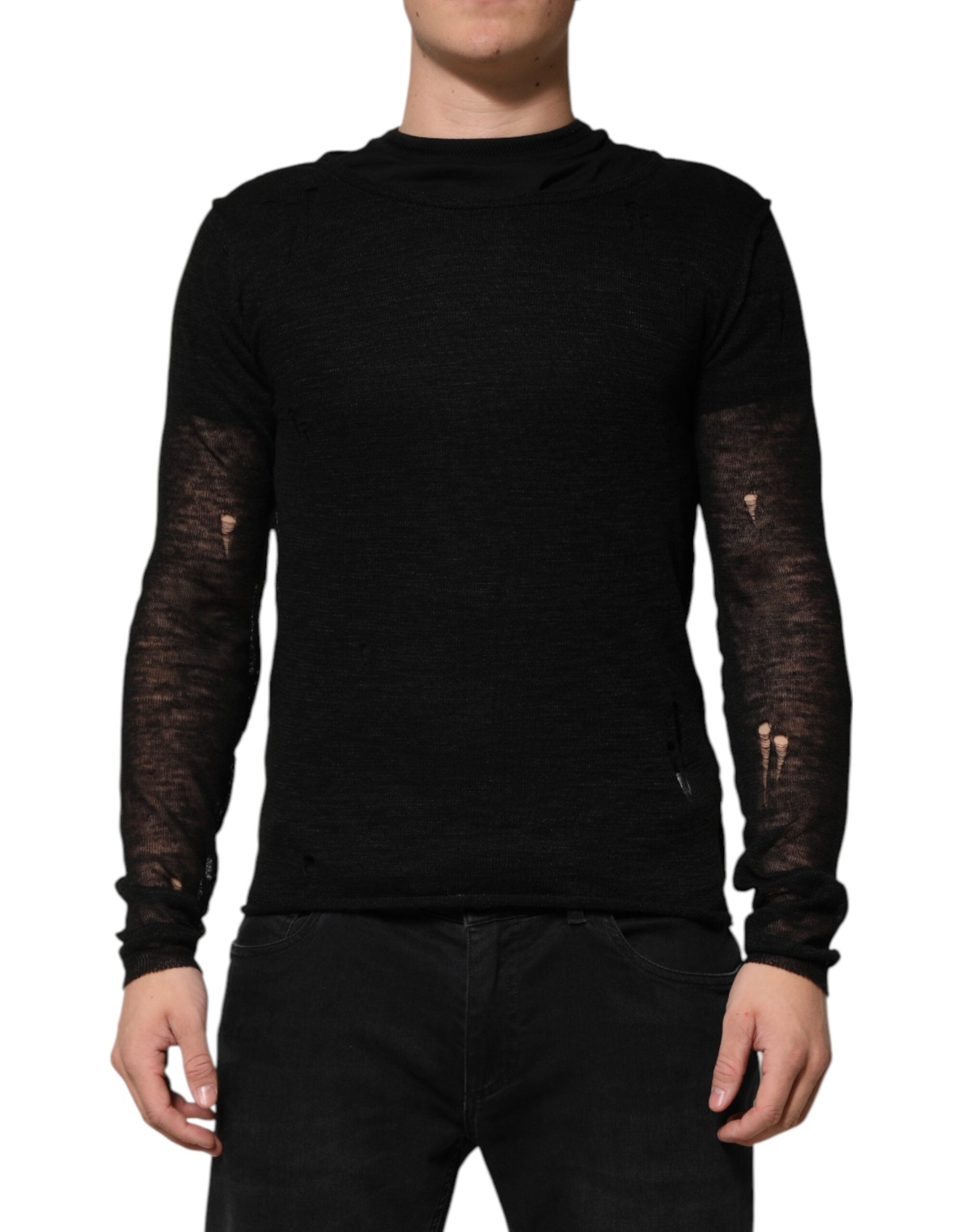 Camiseta de malla de lino negra con mangas largas rasgadas de Dolce & Gabbana-2