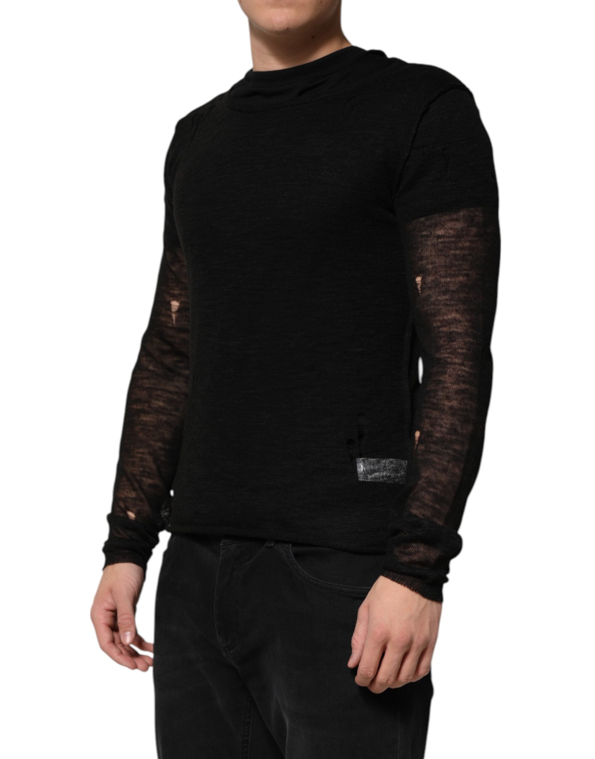 Camiseta de malla de lino negra con mangas largas rasgadas de Dolce & Gabbana-3