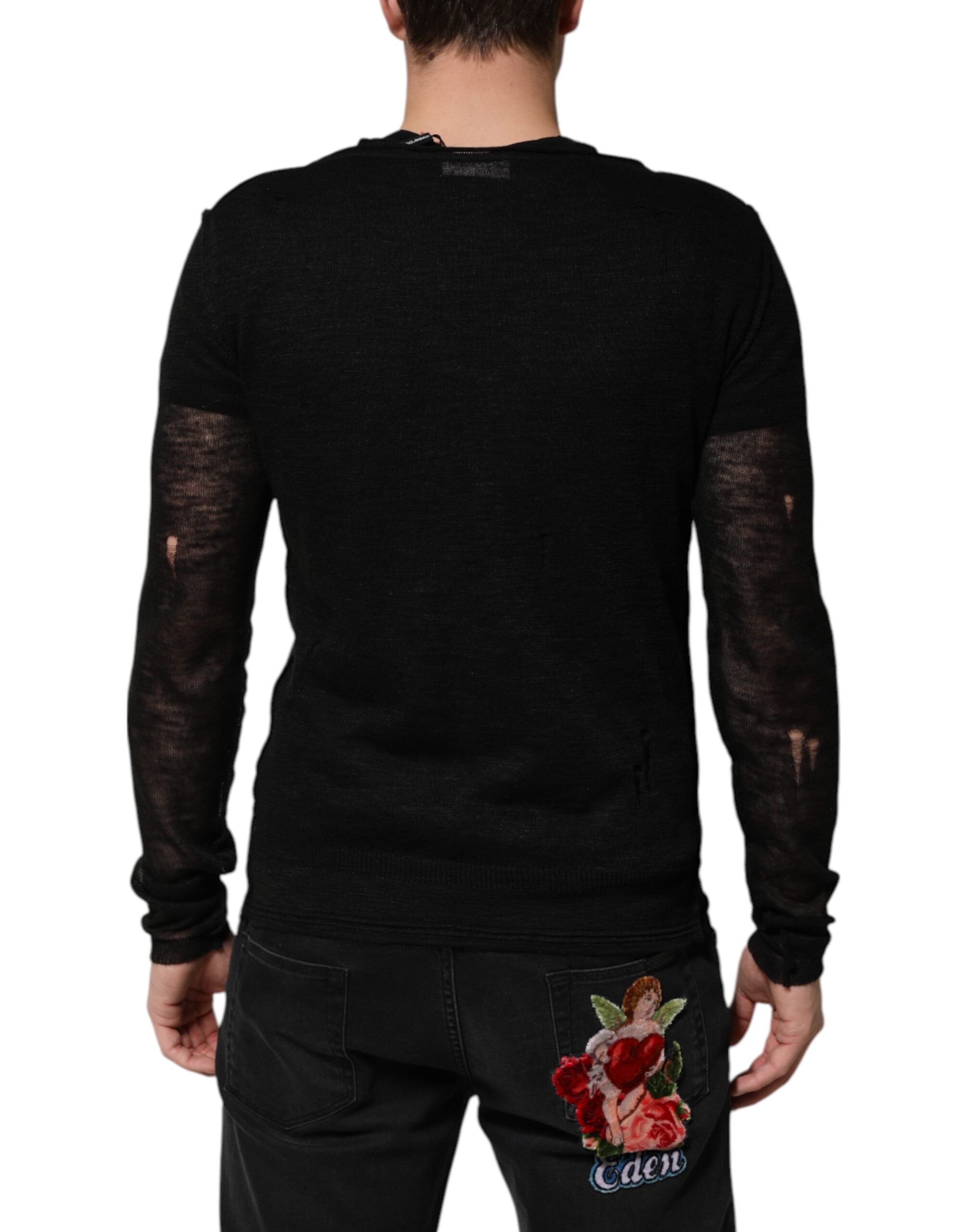 Camiseta de malla de lino negra con mangas largas rasgadas de Dolce & Gabbana-4