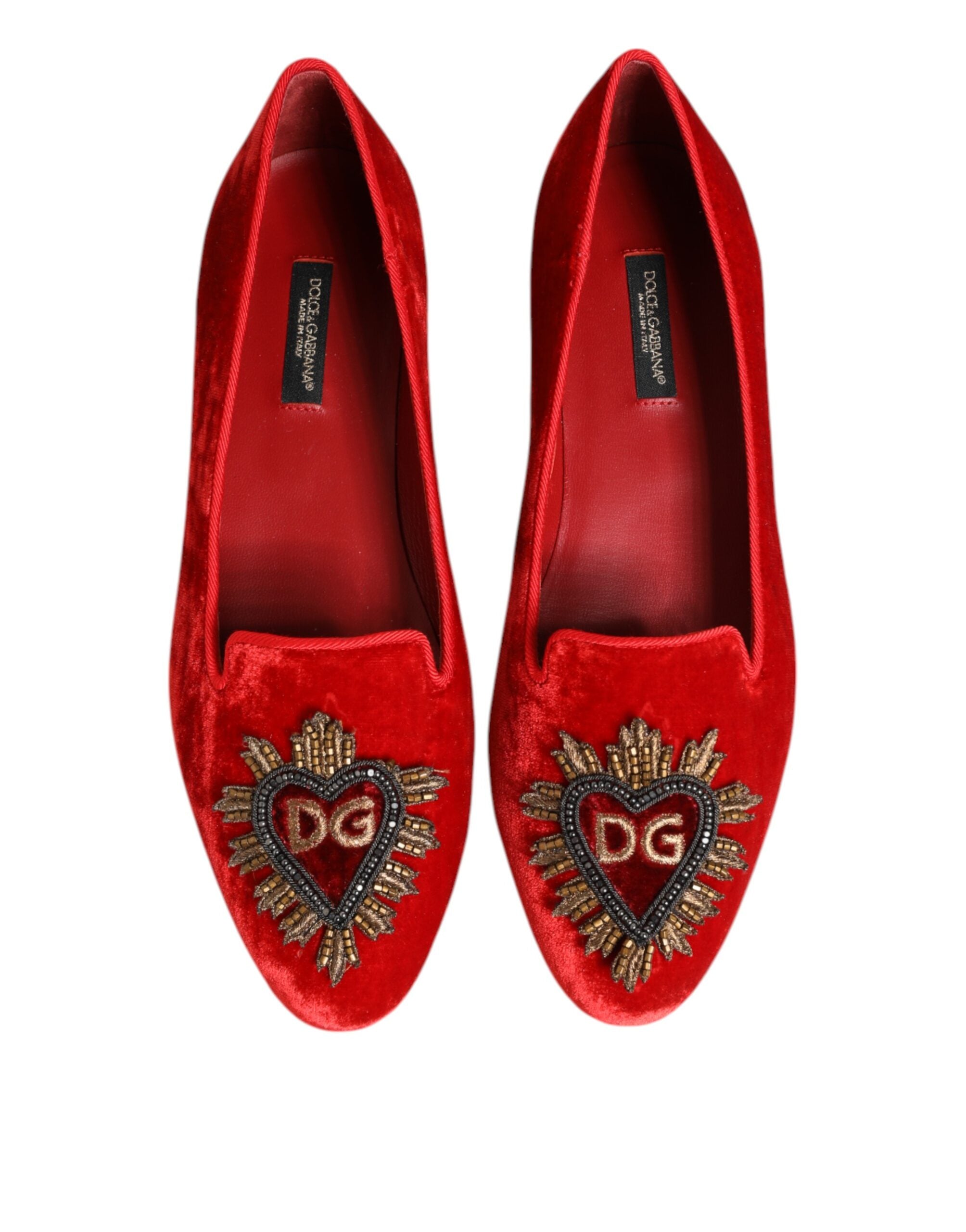 Dolce & Gabbana Red Velvet DG Heart Loafers Flat Shoes-4