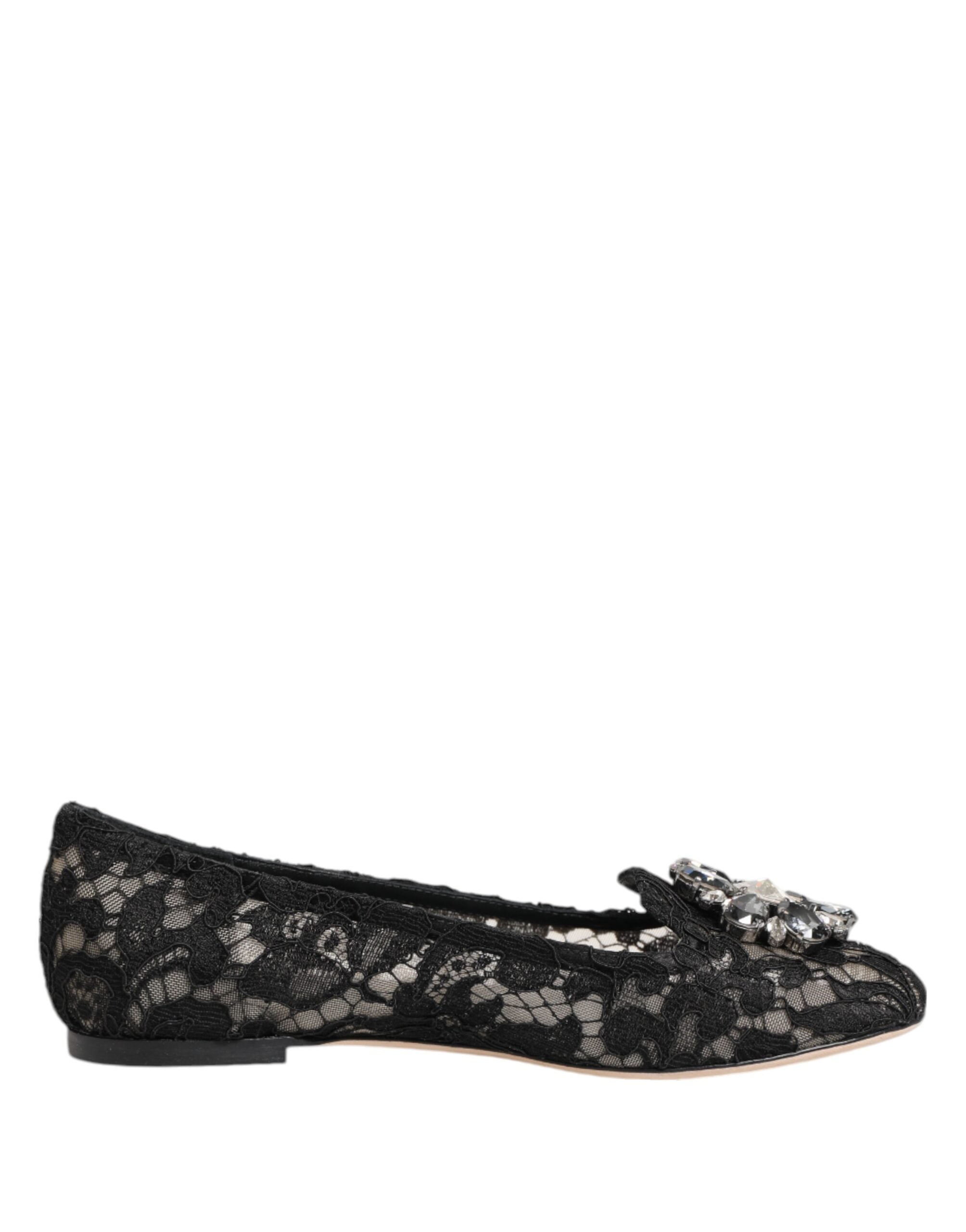 Dolce & Gabbana Black Taormina Lace Crystal Flats Shoes-1