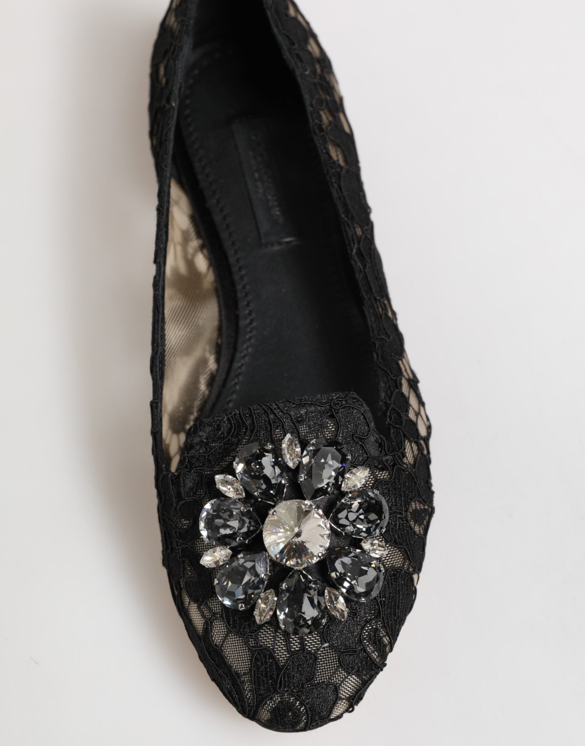 Dolce & Gabbana Black Taormina Lace Crystal Flats Shoes-3
