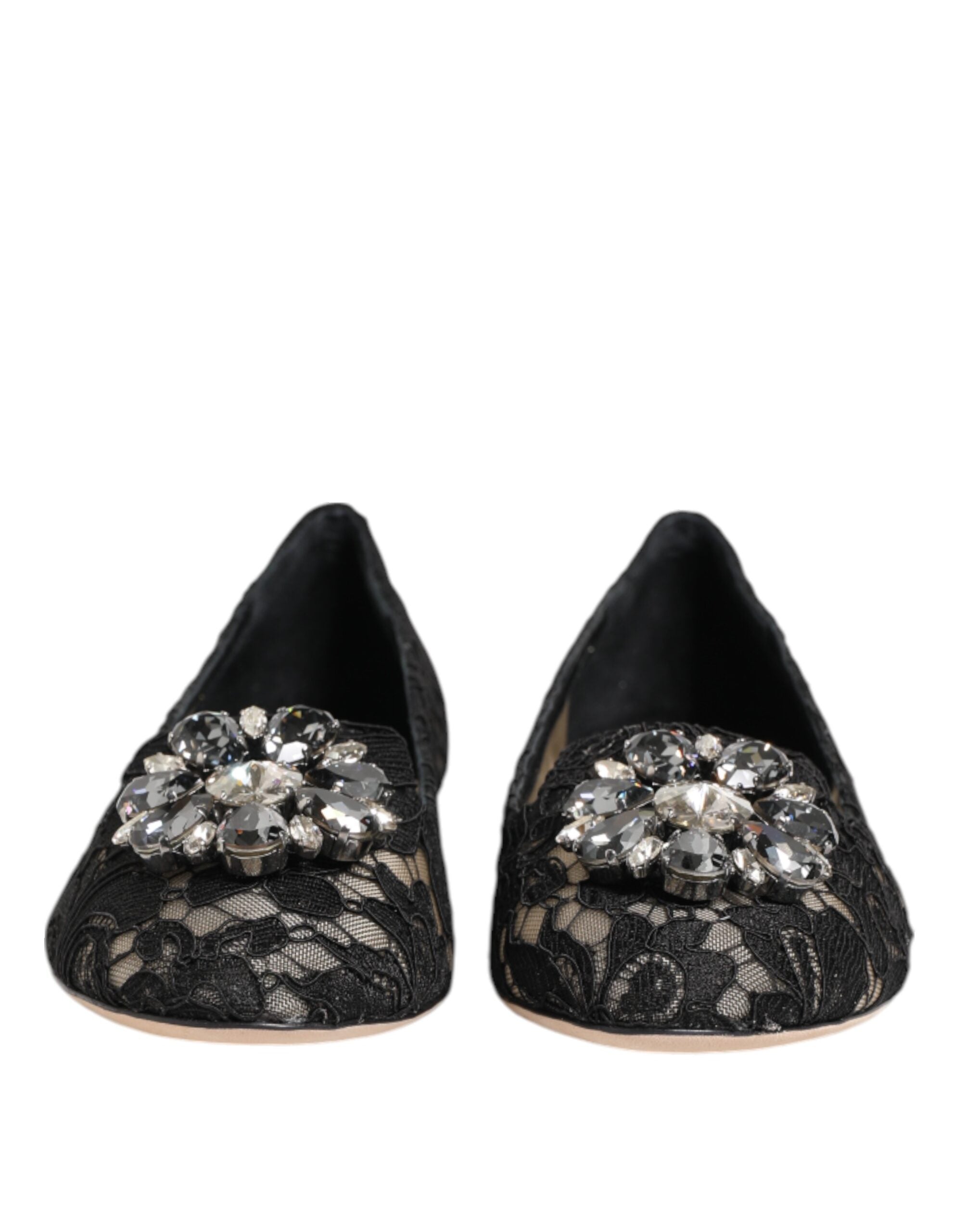 Dolce & Gabbana Black Taormina Lace Crystal Flats Shoes-4