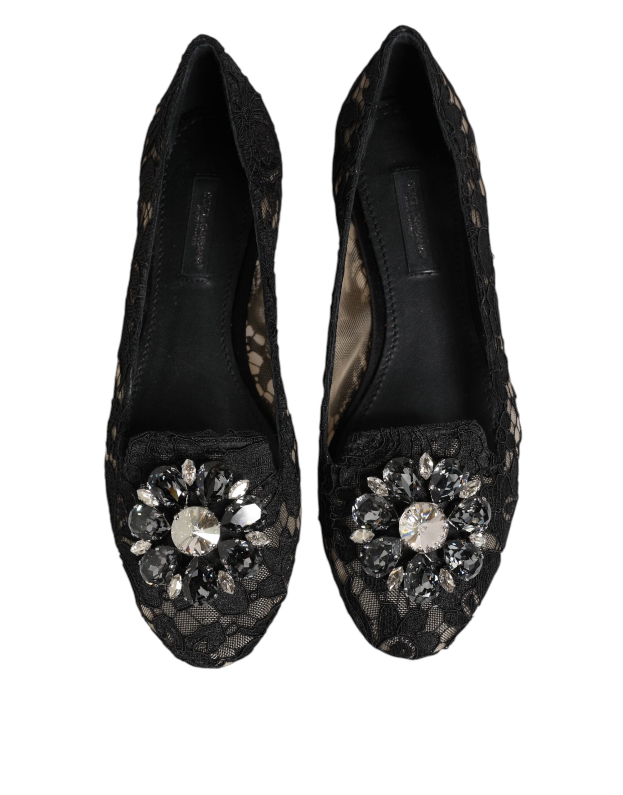 Dolce & Gabbana Black Taormina Lace Crystal Flats Shoes-5