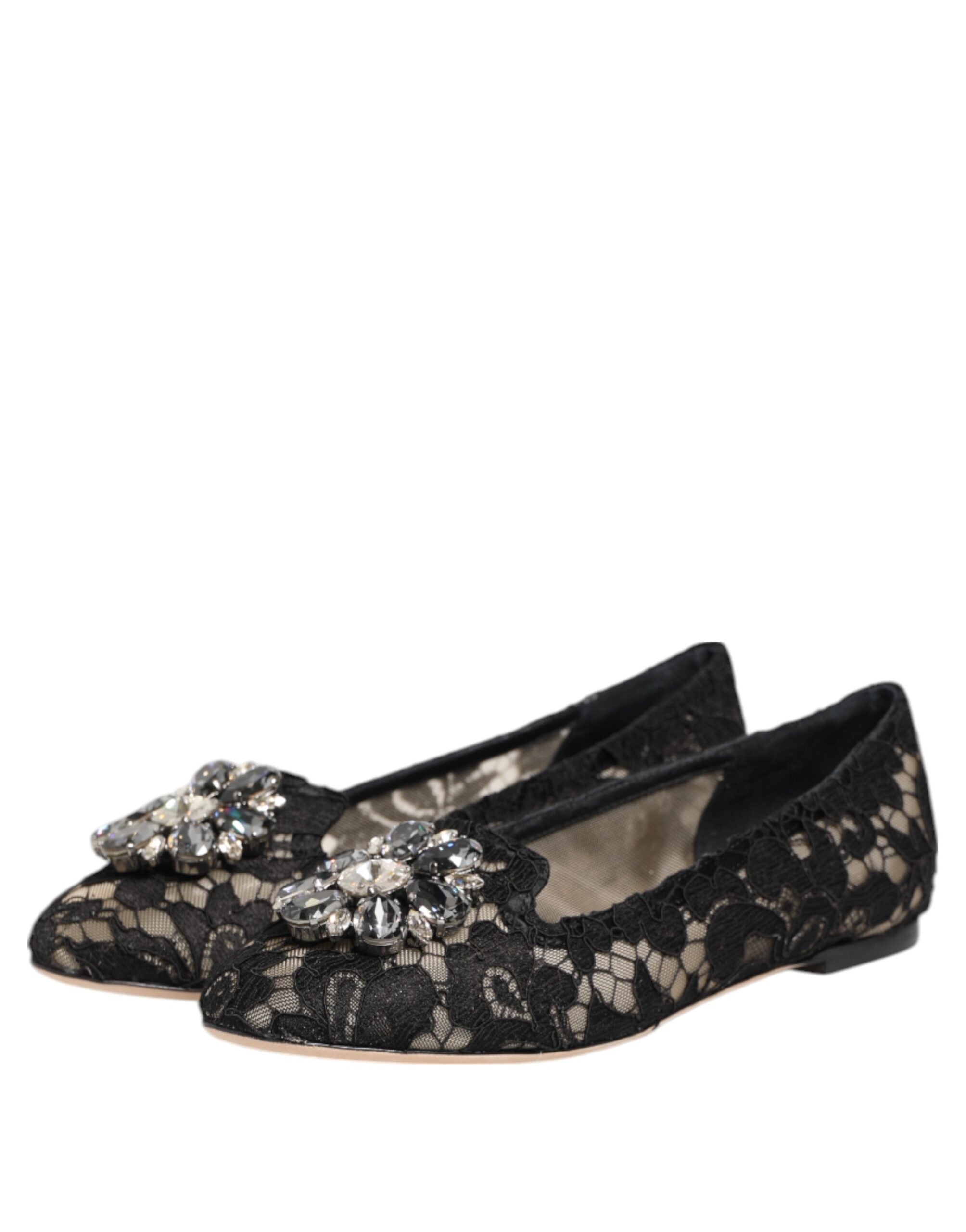 Dolce & Gabbana Black Taormina Lace Crystal Flats Shoes-6