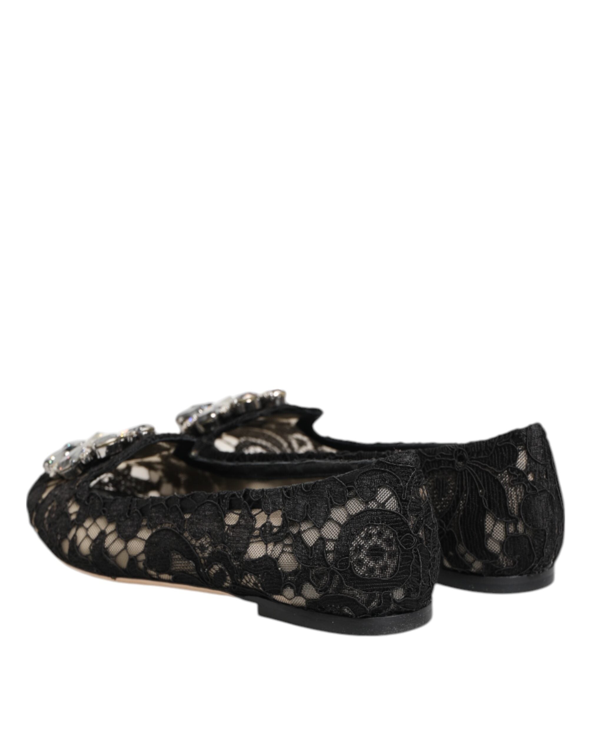 Dolce & Gabbana Black Taormina Lace Crystal Flats Shoes-7