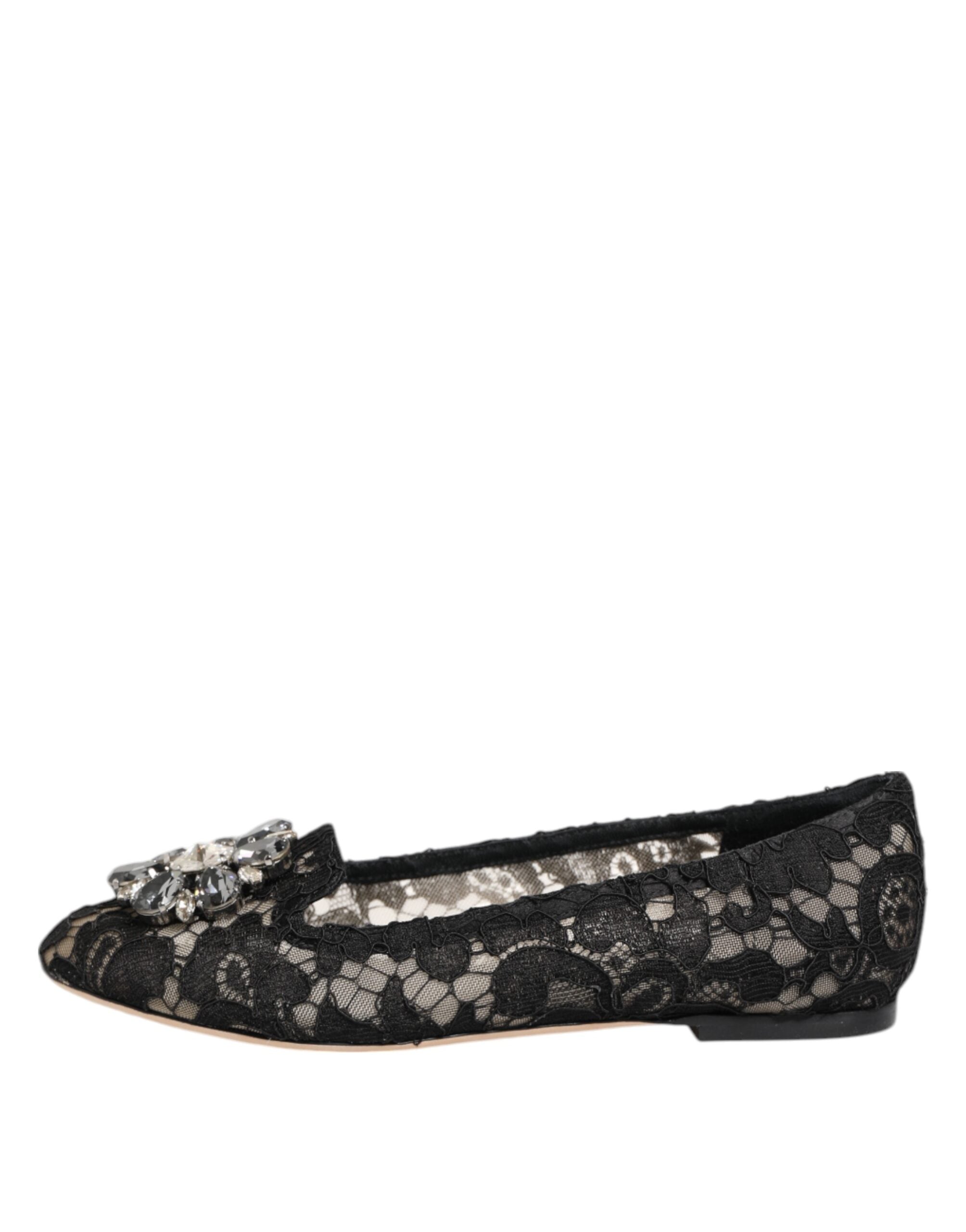 Dolce & Gabbana Black Taormina Lace Crystal Flats Shoes-8