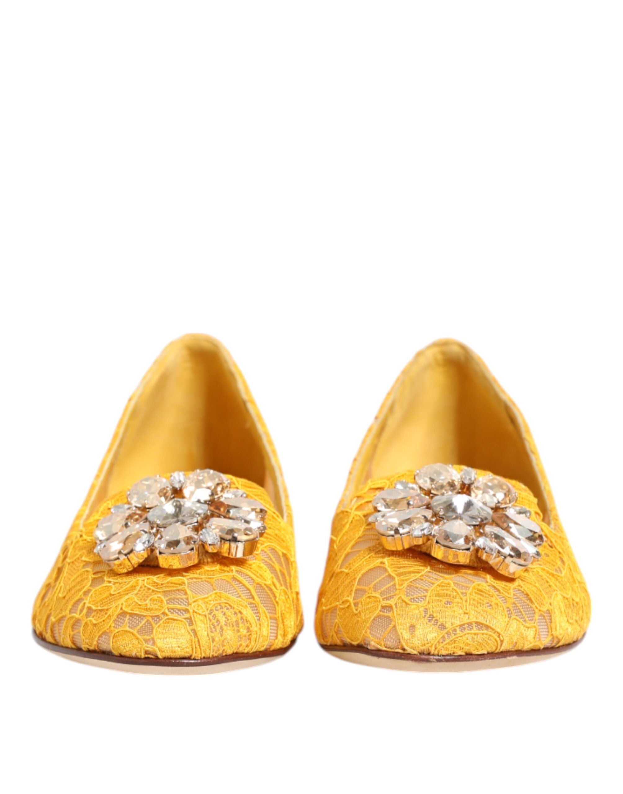 Dolce & Gabbana Yellow Taormina Lace Crystal Flats Shoes-3