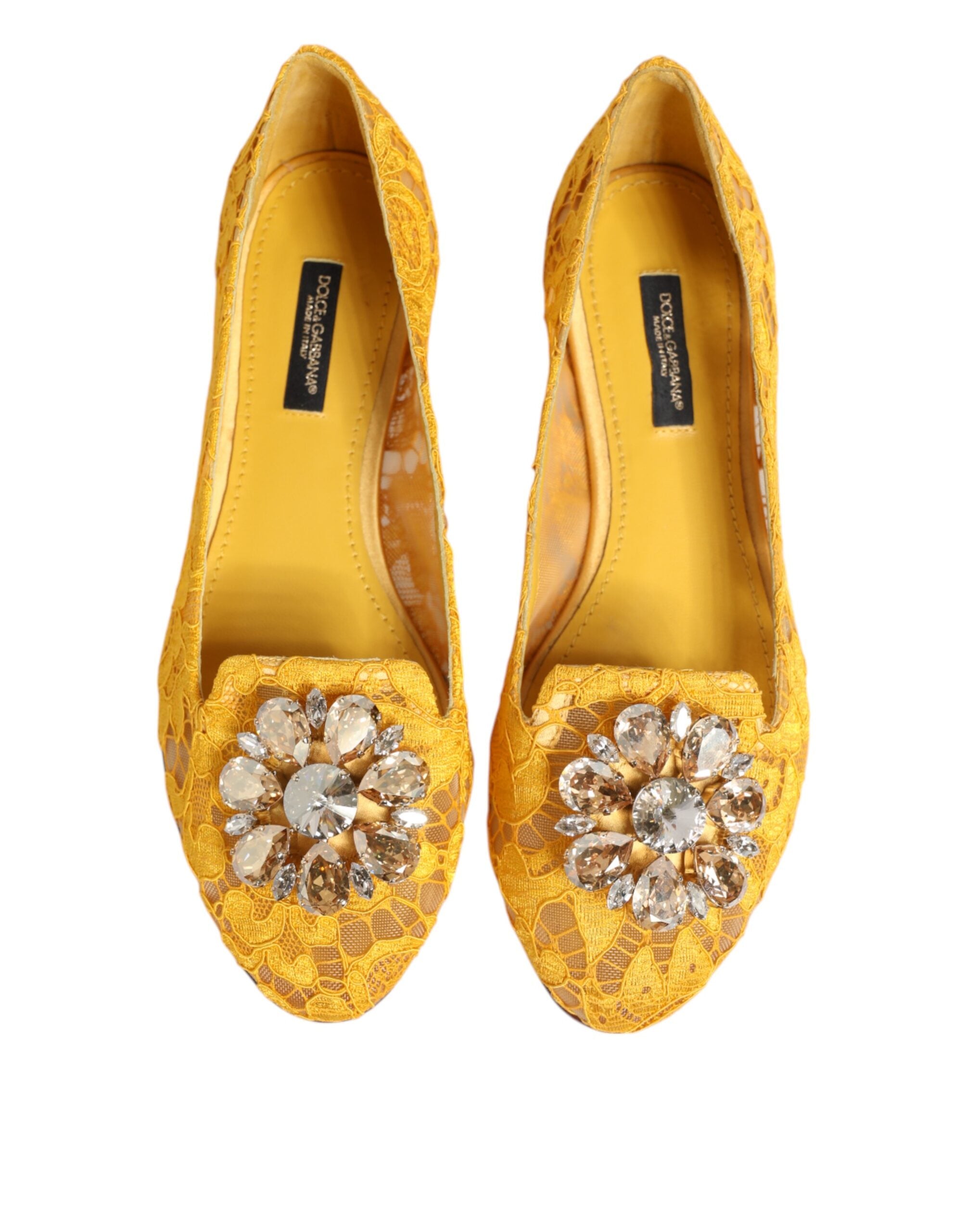 Dolce & Gabbana Yellow Taormina Lace Crystal Flats Shoes-4