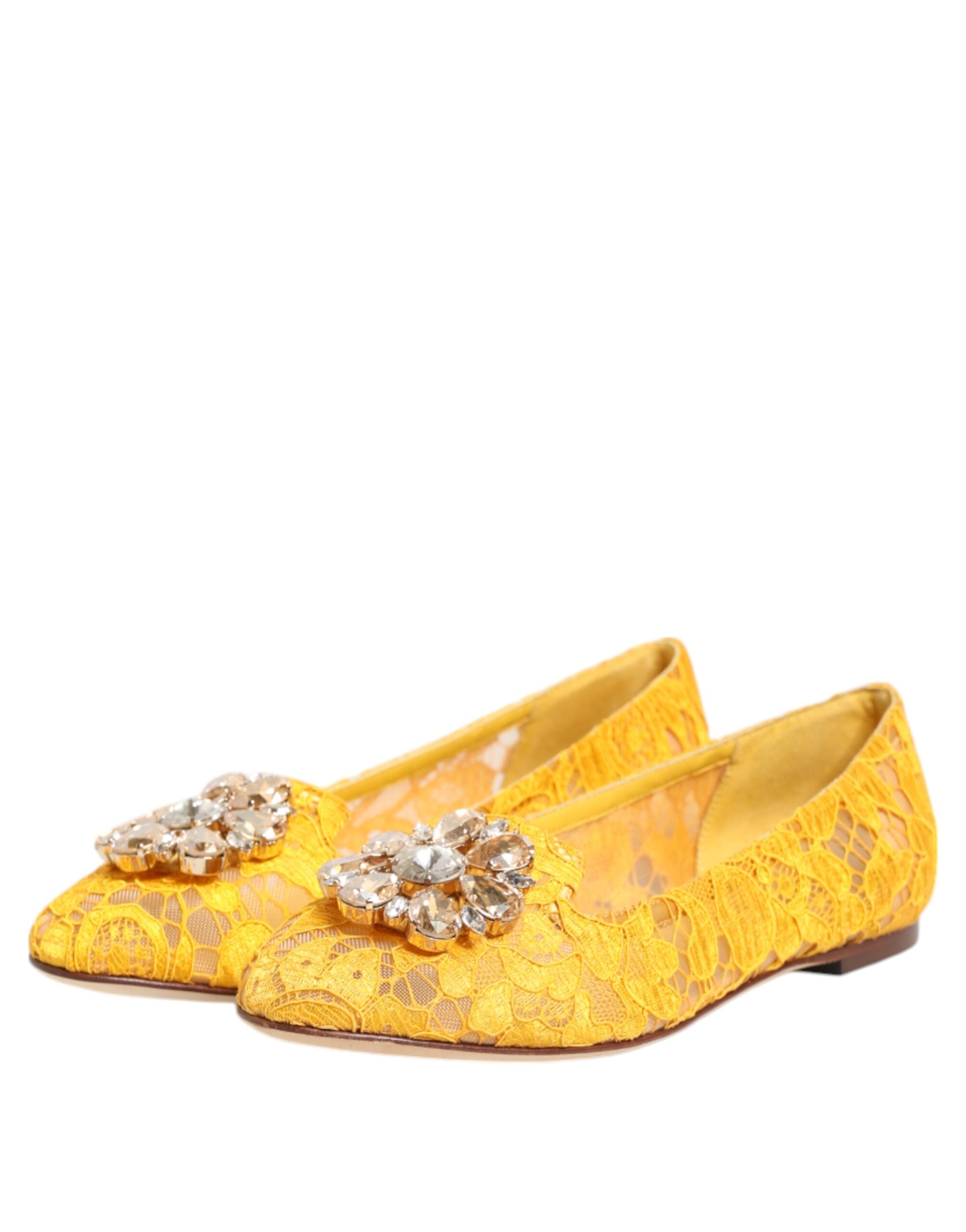 Dolce & Gabbana Yellow Taormina Lace Crystal Flats Shoes-5