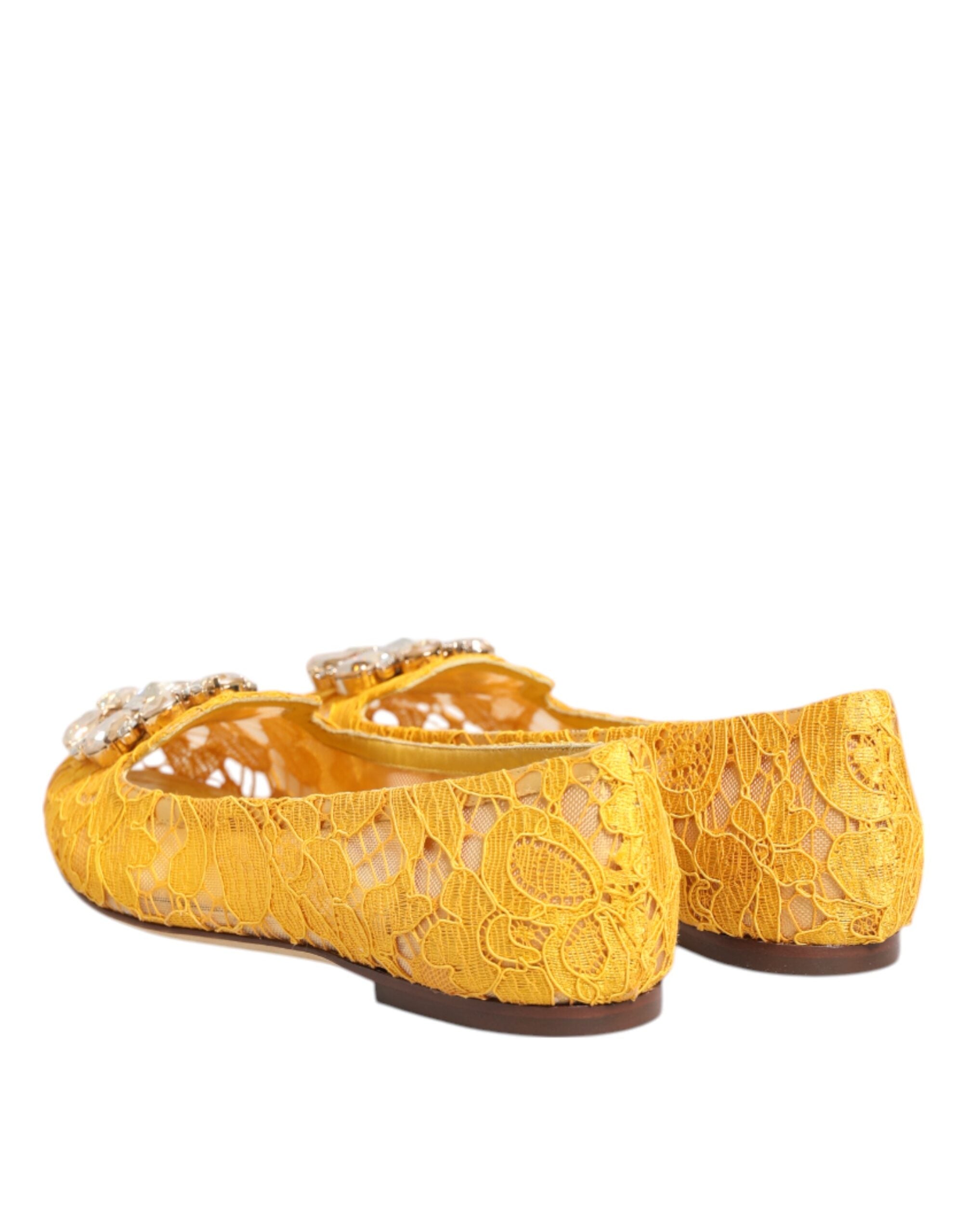 Dolce & Gabbana Yellow Taormina Lace Crystal Flats Shoes-6