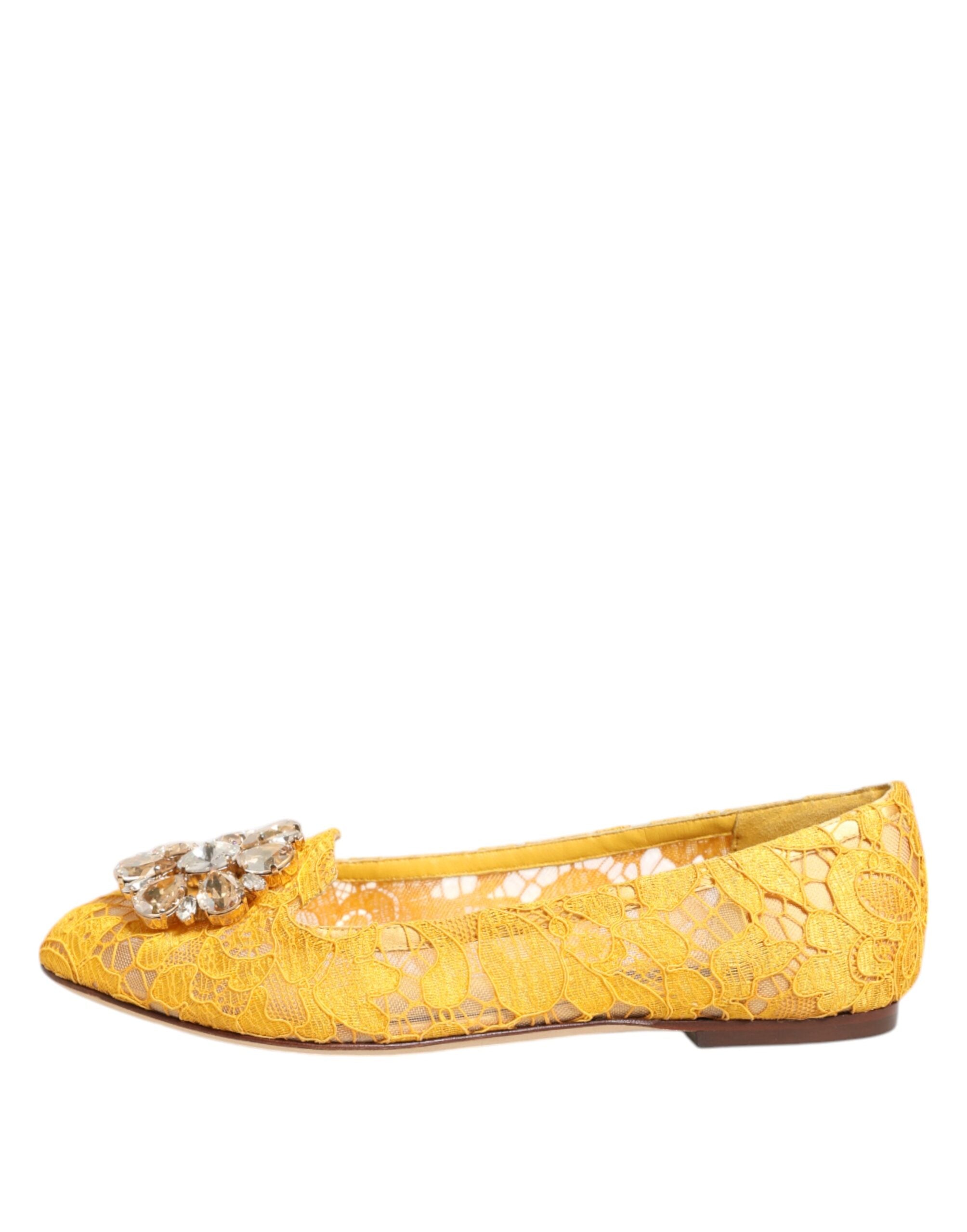 Dolce & Gabbana Yellow Taormina Lace Crystal Flats Shoes-7