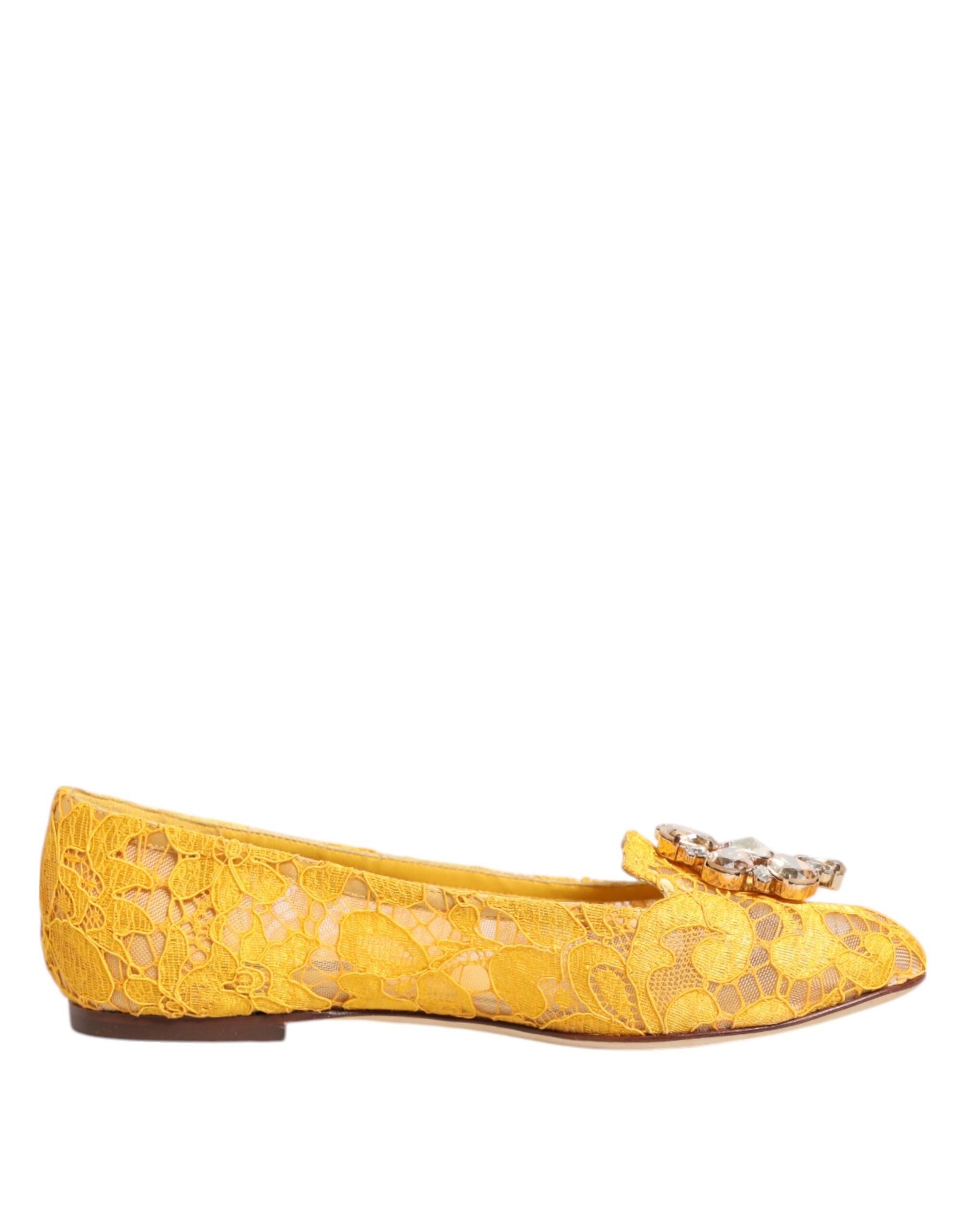 Dolce & Gabbana Yellow Taormina Lace Crystal Flats Shoes-2