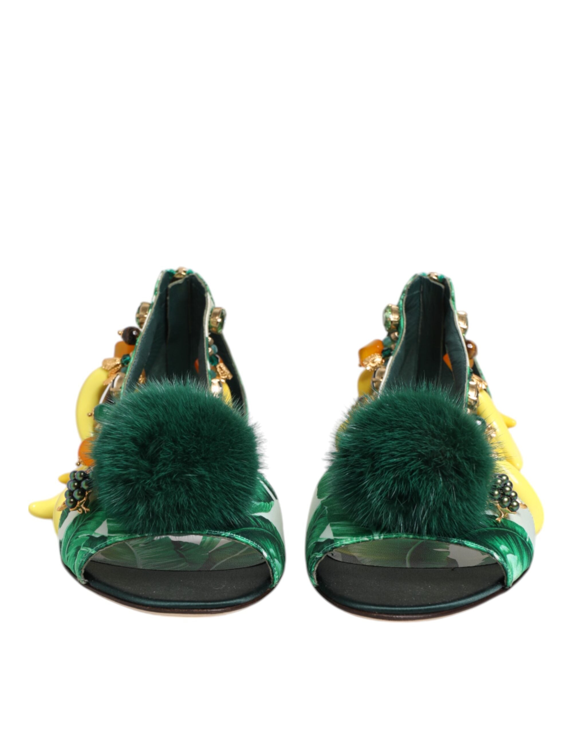 Sandalias de satén con hojas de plátano y piel de visón verde de Dolce & Gabbana-3
