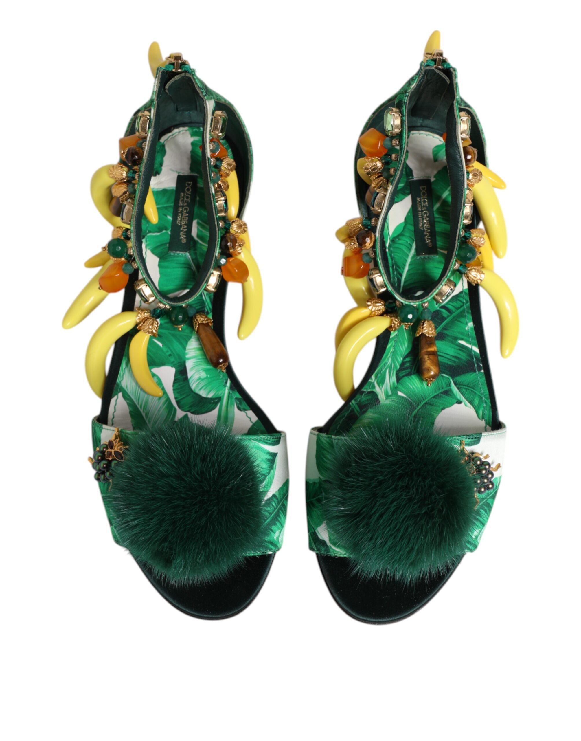 Sandalias de satén con hojas de plátano y piel de visón verde de Dolce & Gabbana-4