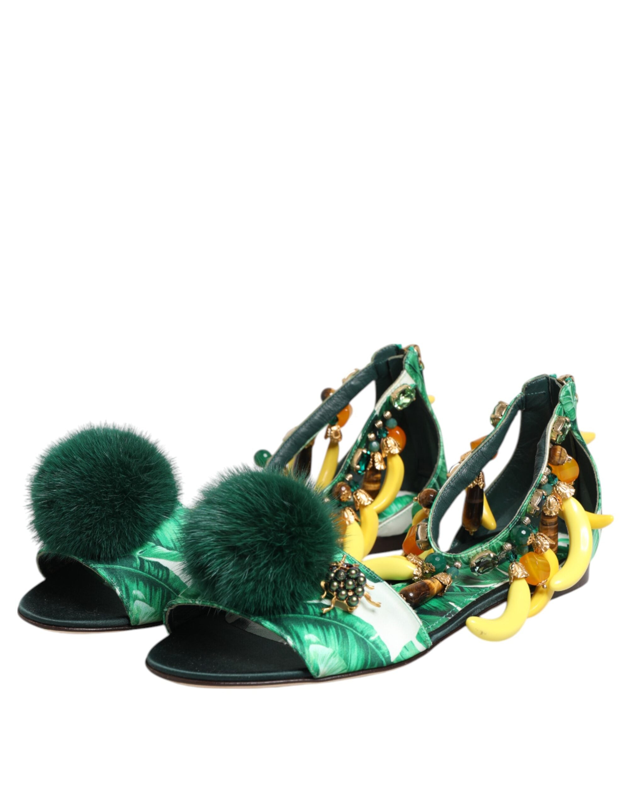 Sandalias de satén con hojas de plátano y piel de visón verde de Dolce & Gabbana-5