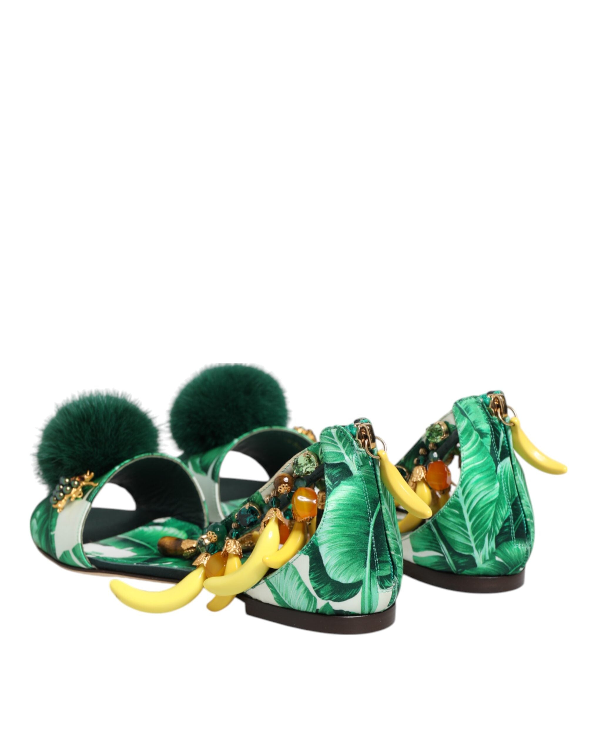 Sandalias de satén con hojas de plátano y piel de visón verde de Dolce & Gabbana-6