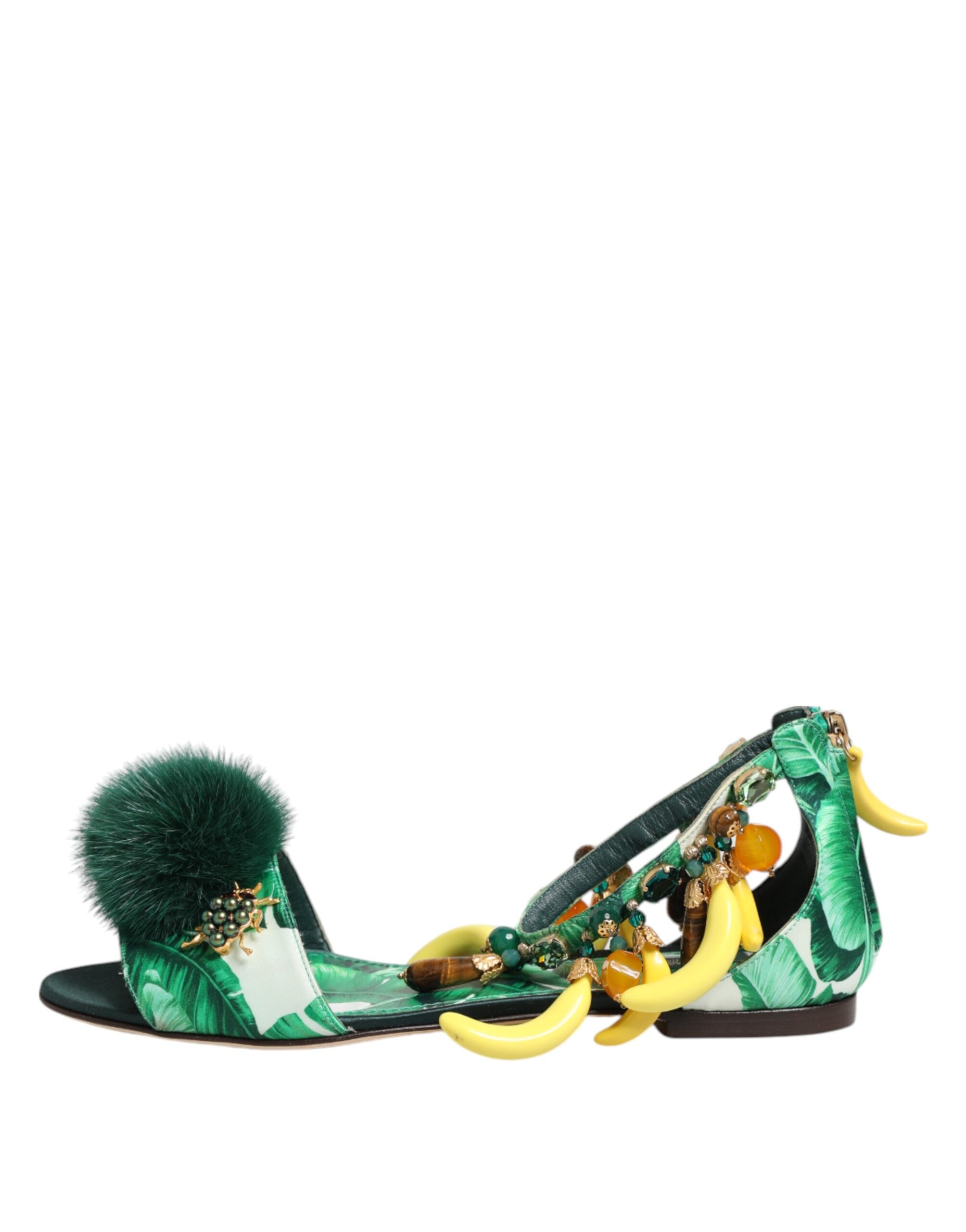 Sandalias de satén con hojas de plátano y piel de visón verde de Dolce & Gabbana-7