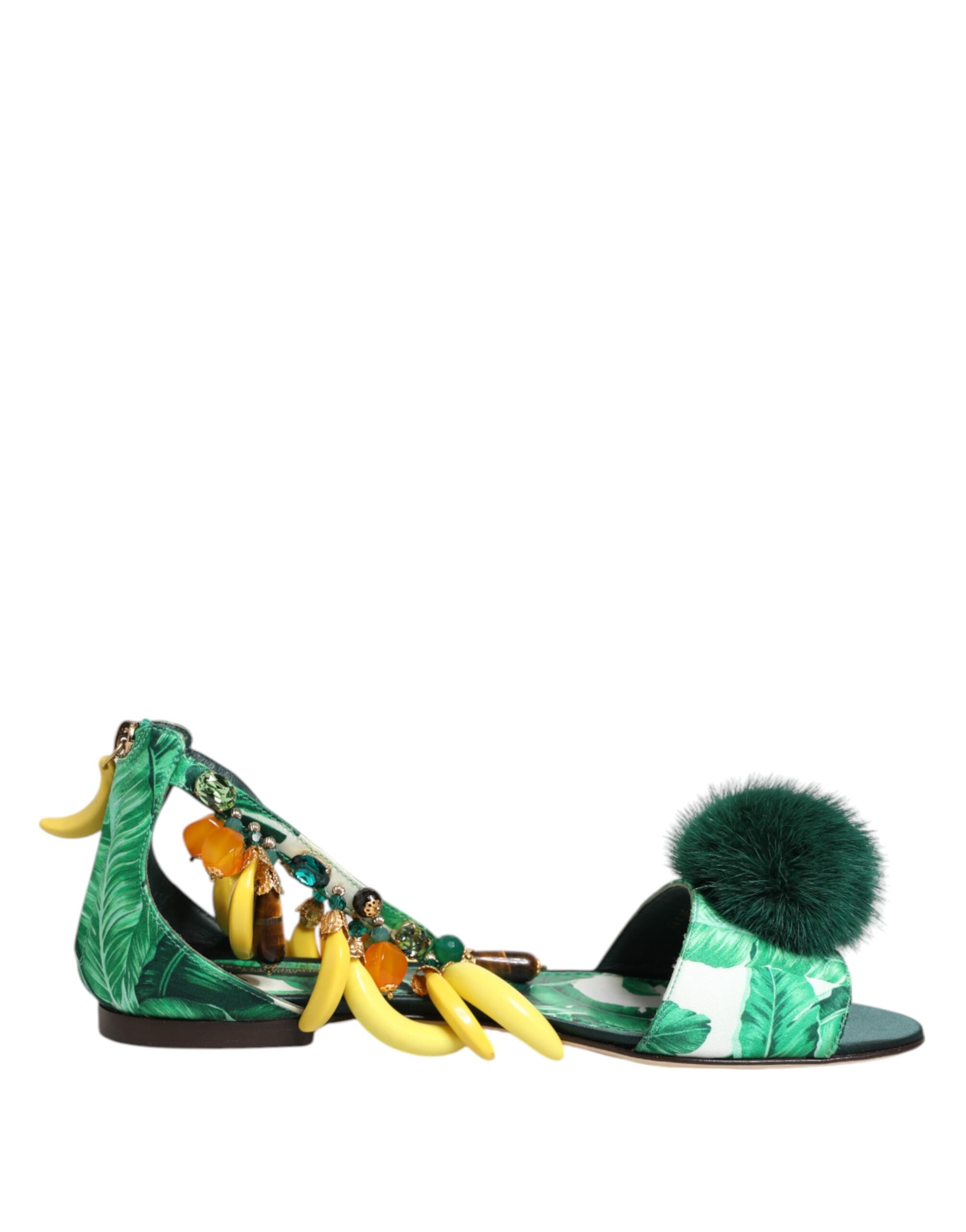 Sandalias de satén con hojas de plátano y piel de visón verde de Dolce & Gabbana-2