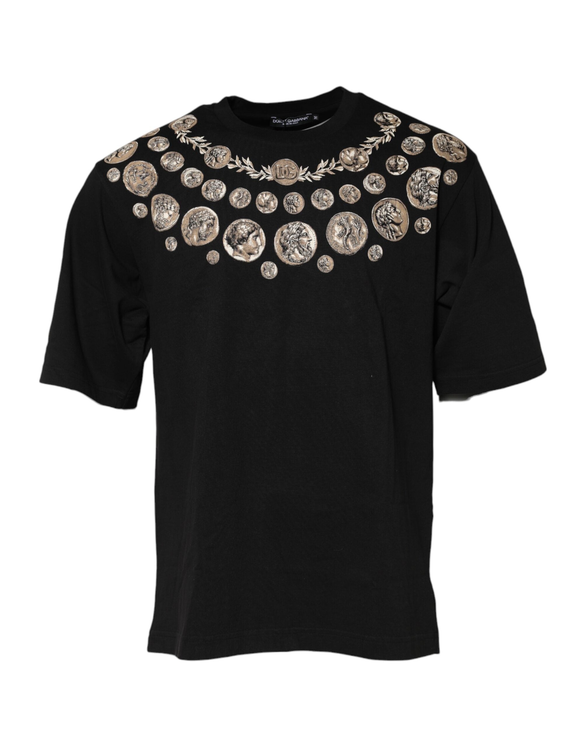 Dolce & Gabbana Black round neck cotton T-shirt with coin print-2