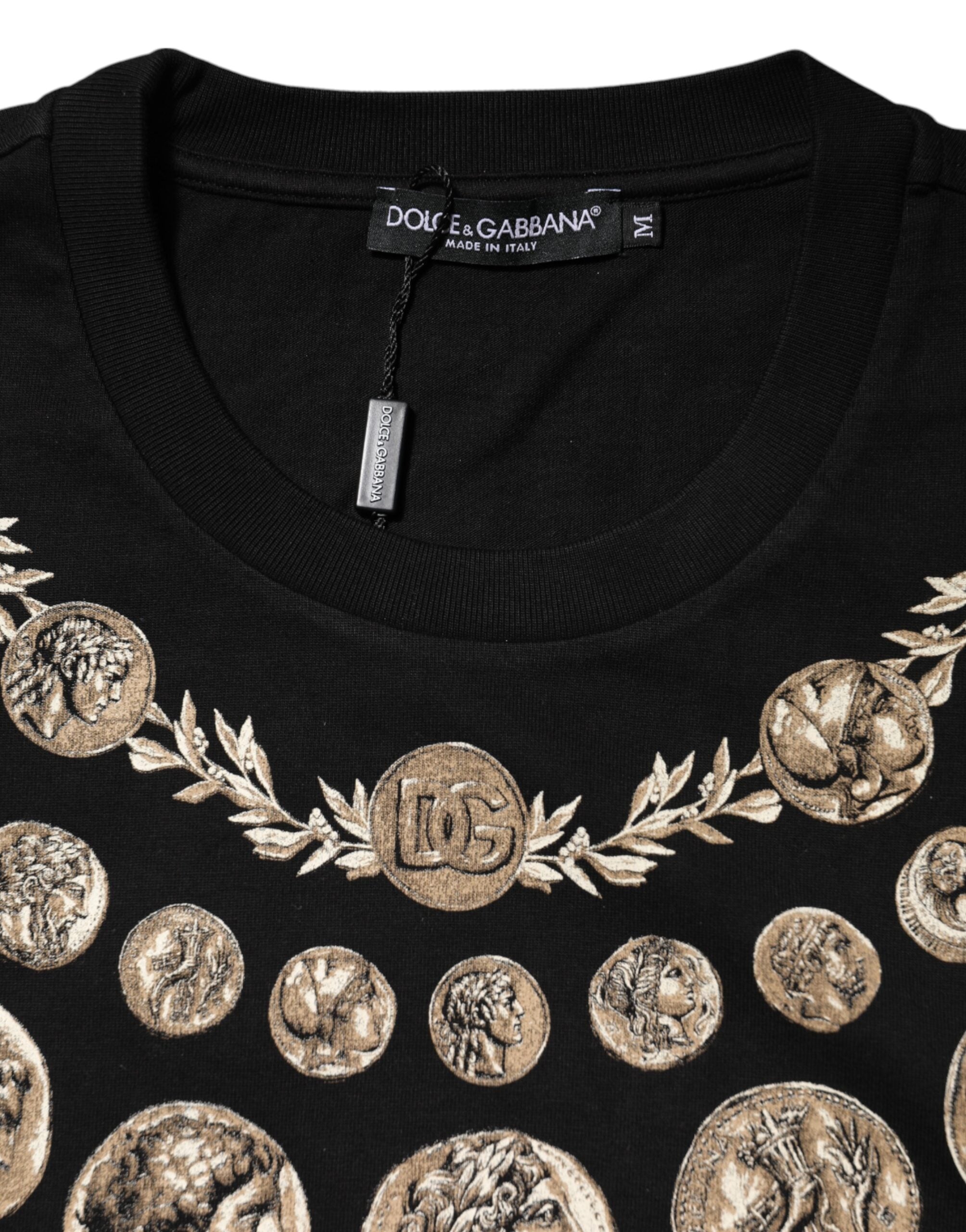 Dolce & Gabbana Black round neck cotton T-shirt with coin print-4