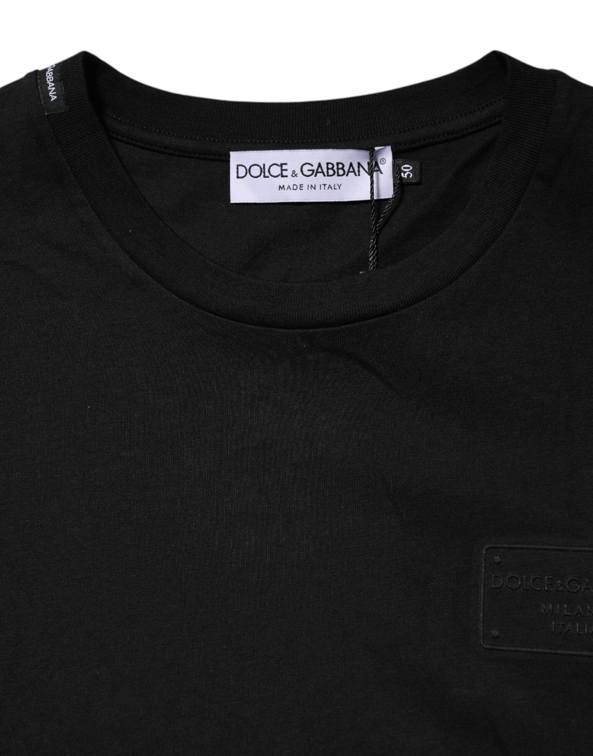 Camiseta de algodón con cuello redondo y placa del logotipo de Dolce & Gabbana en negro-4