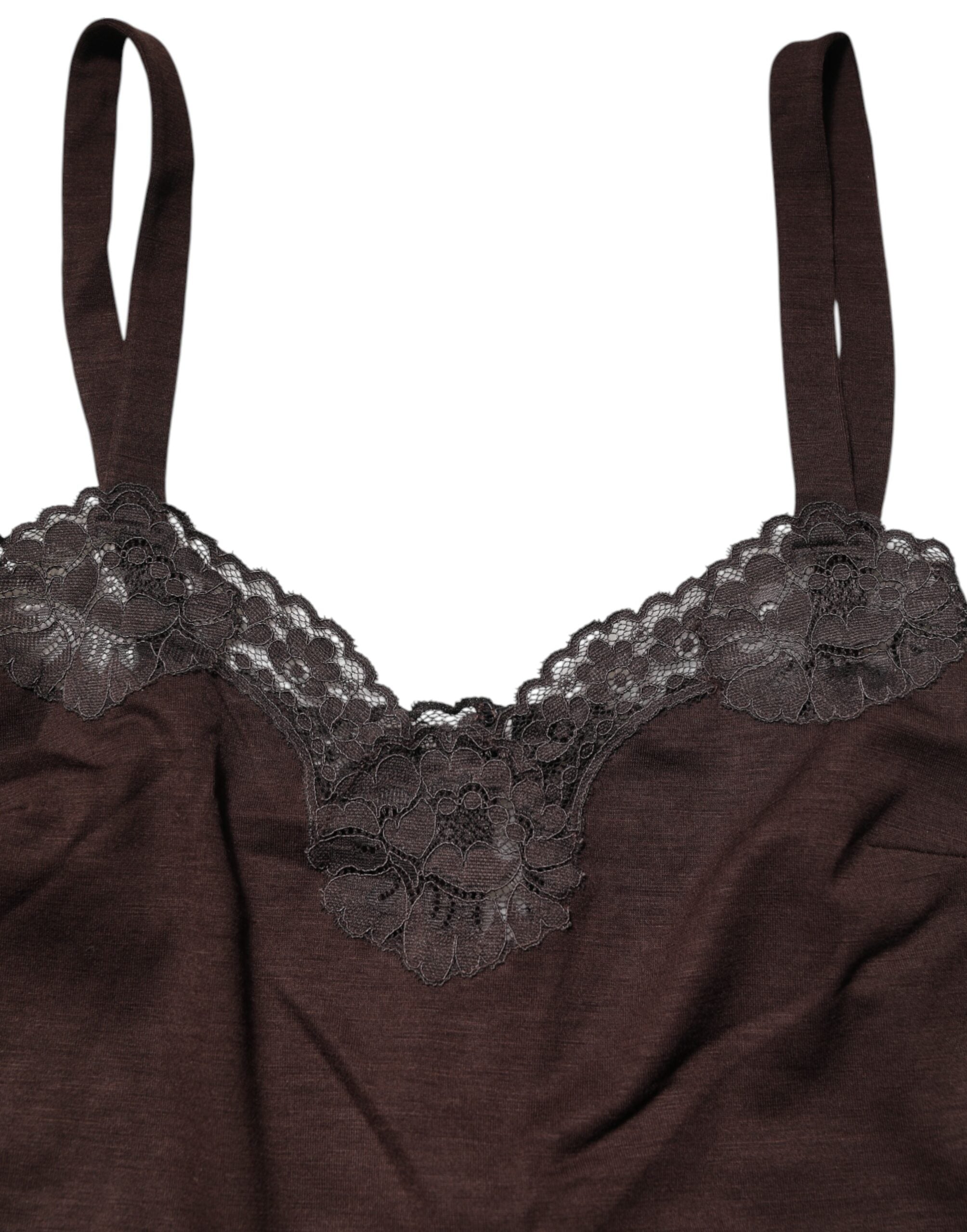 Top de lana sin mangas en marrón oscuro con ribete de encaje de Dolce & Gabbana-7