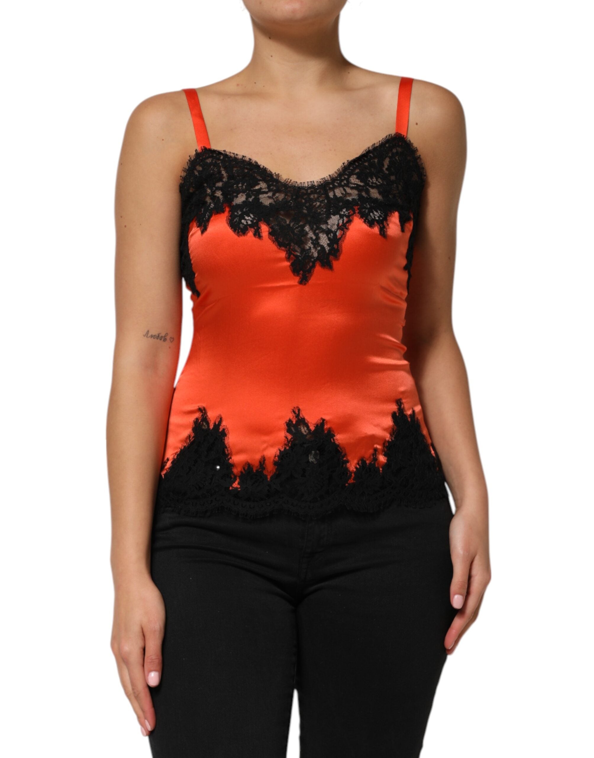 Top de seda sin mangas con ribete de encaje rojo y negro de Dolce & Gabbana-2
